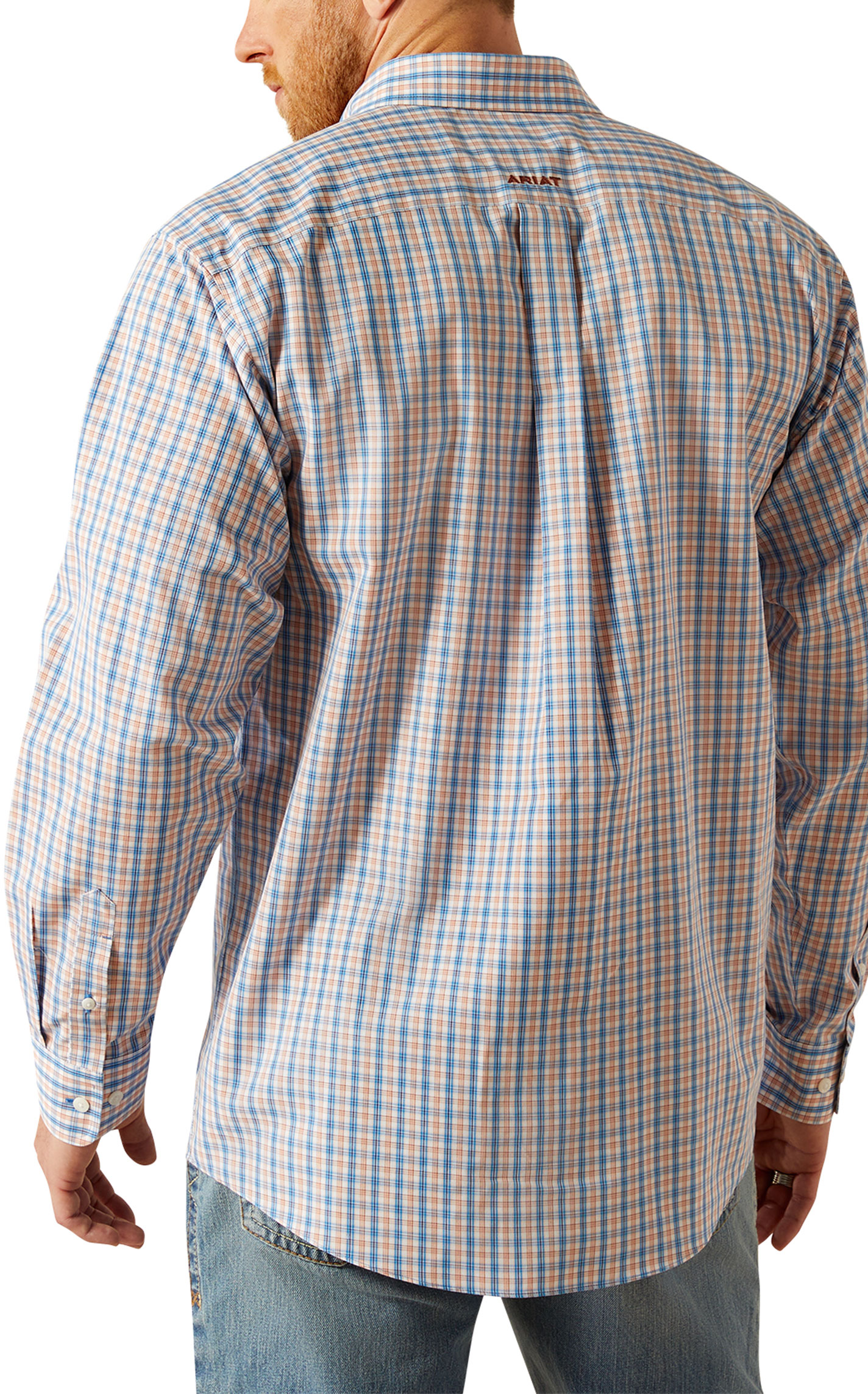 Ariat Men's Aaron Blue & Peach Plaid Western Shirt - Image 1