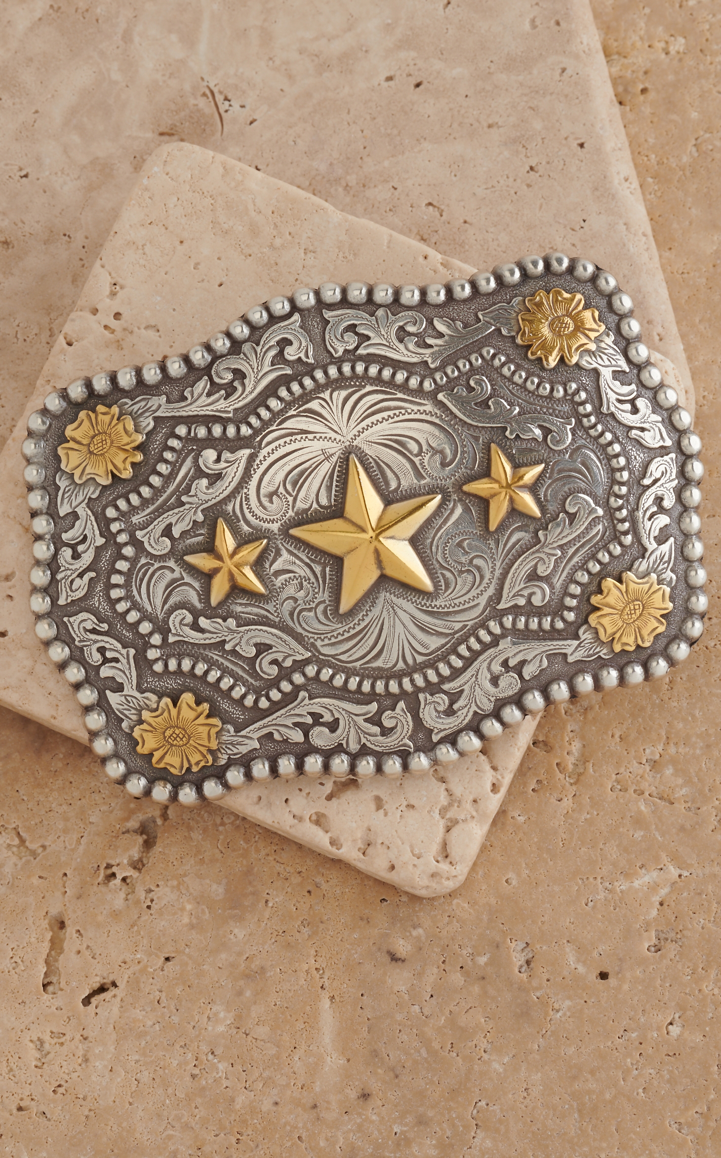AndWest Antiqued Silver Scrolling with Gold Triple Star Belt Buckle - Image 1