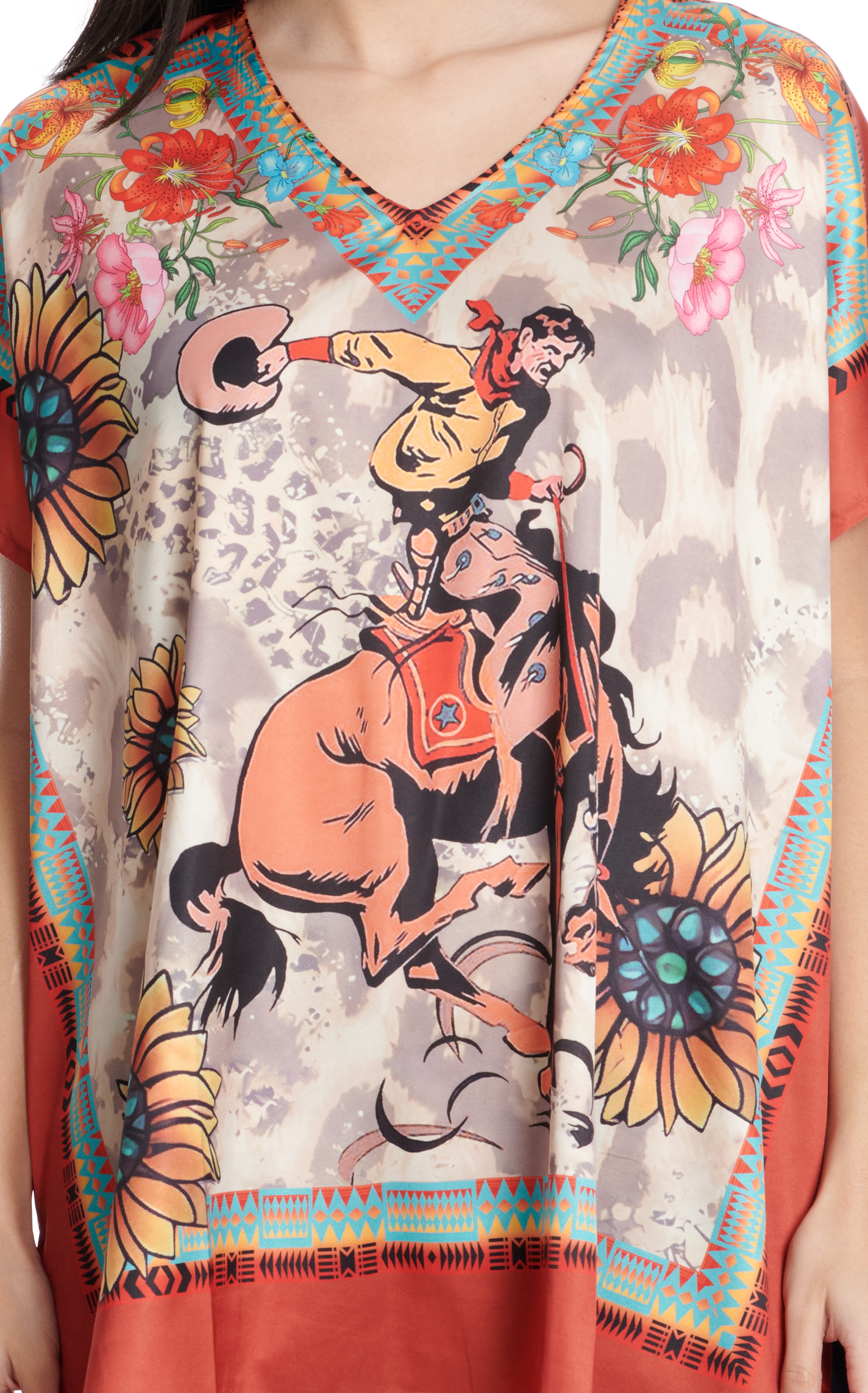 Fashion Express Women's Tangerine & Sand Retro Western Print Poncho - Image 3