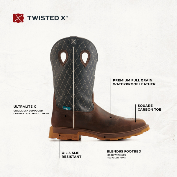 Twisted X Men's Brown and Dark Blue with Cross UltraLite X Wide Square Nano Composite Toe Work Boots - Image 1
