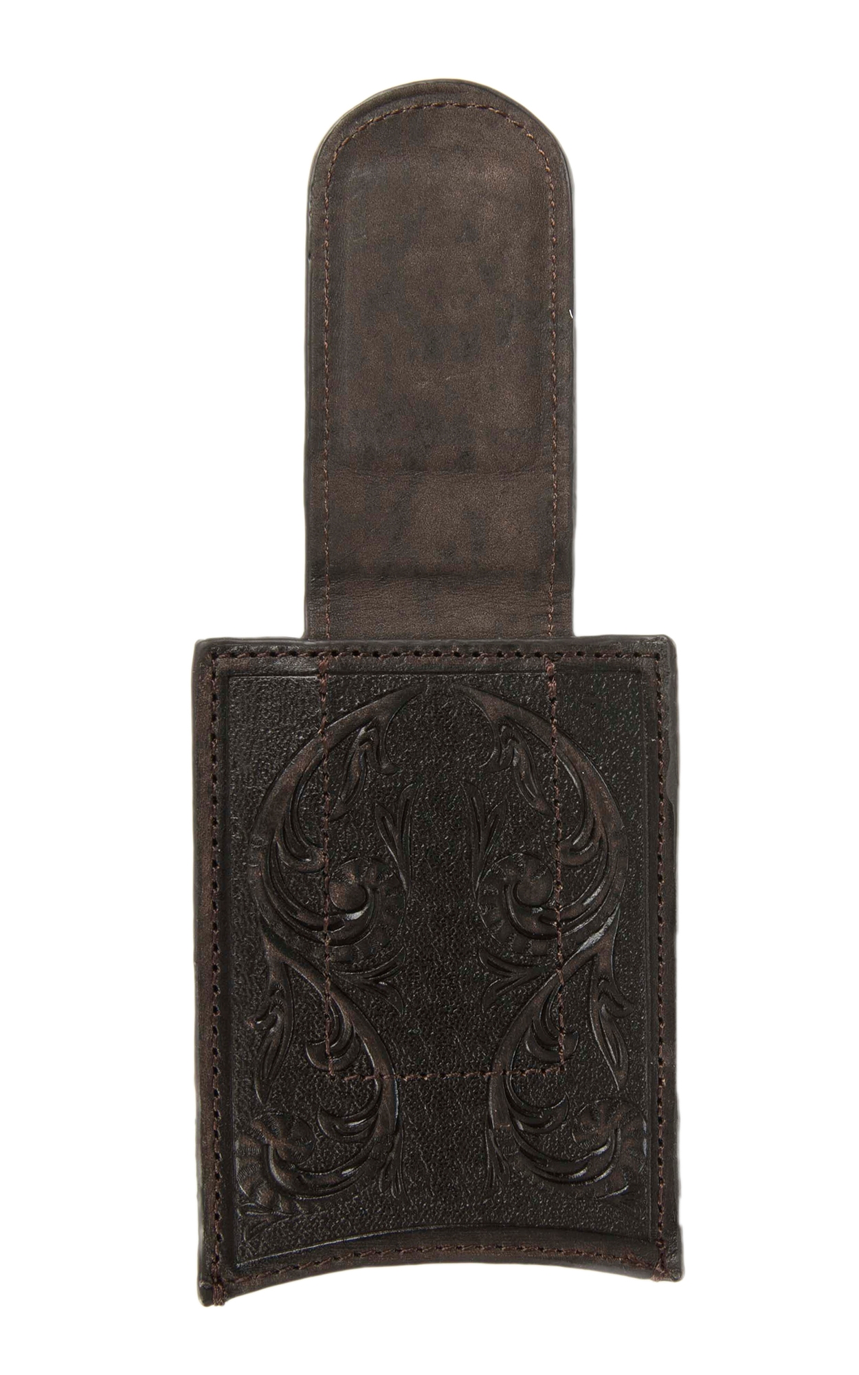 Ariat Dark Brown with Floral Tooling & Turquoise Cross Leather Card Case / Money Clip - Image 1