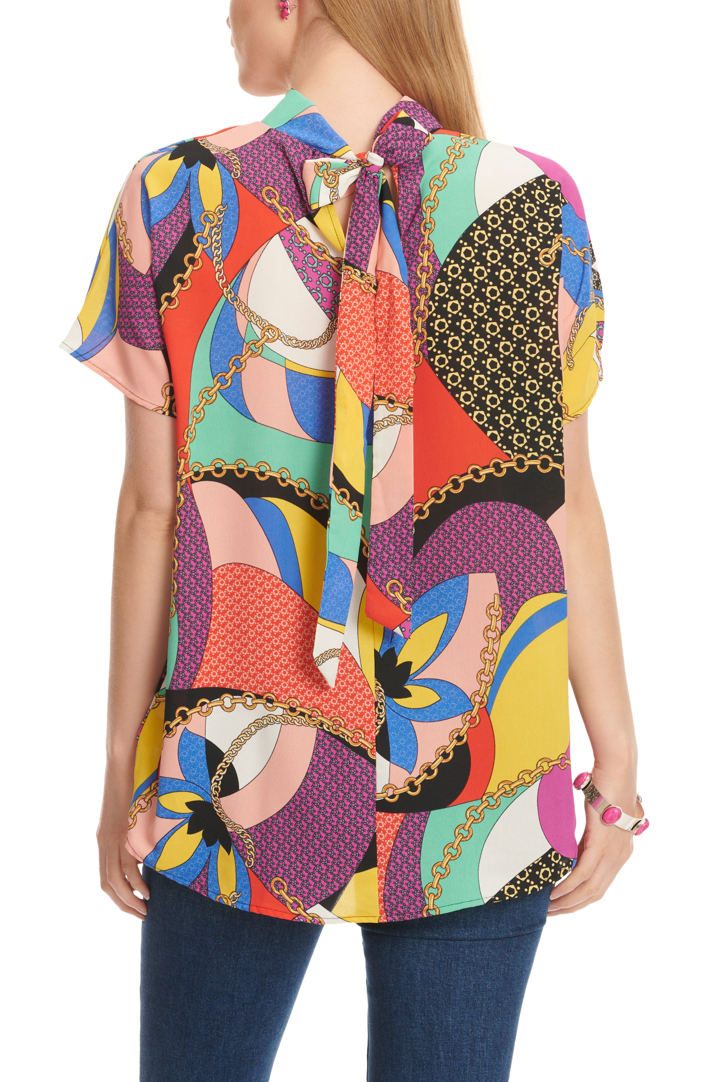 HYFVE Women's Multi-Color Multi-Pattern & Gold Chain Print Short Sleeve Top - Image 1