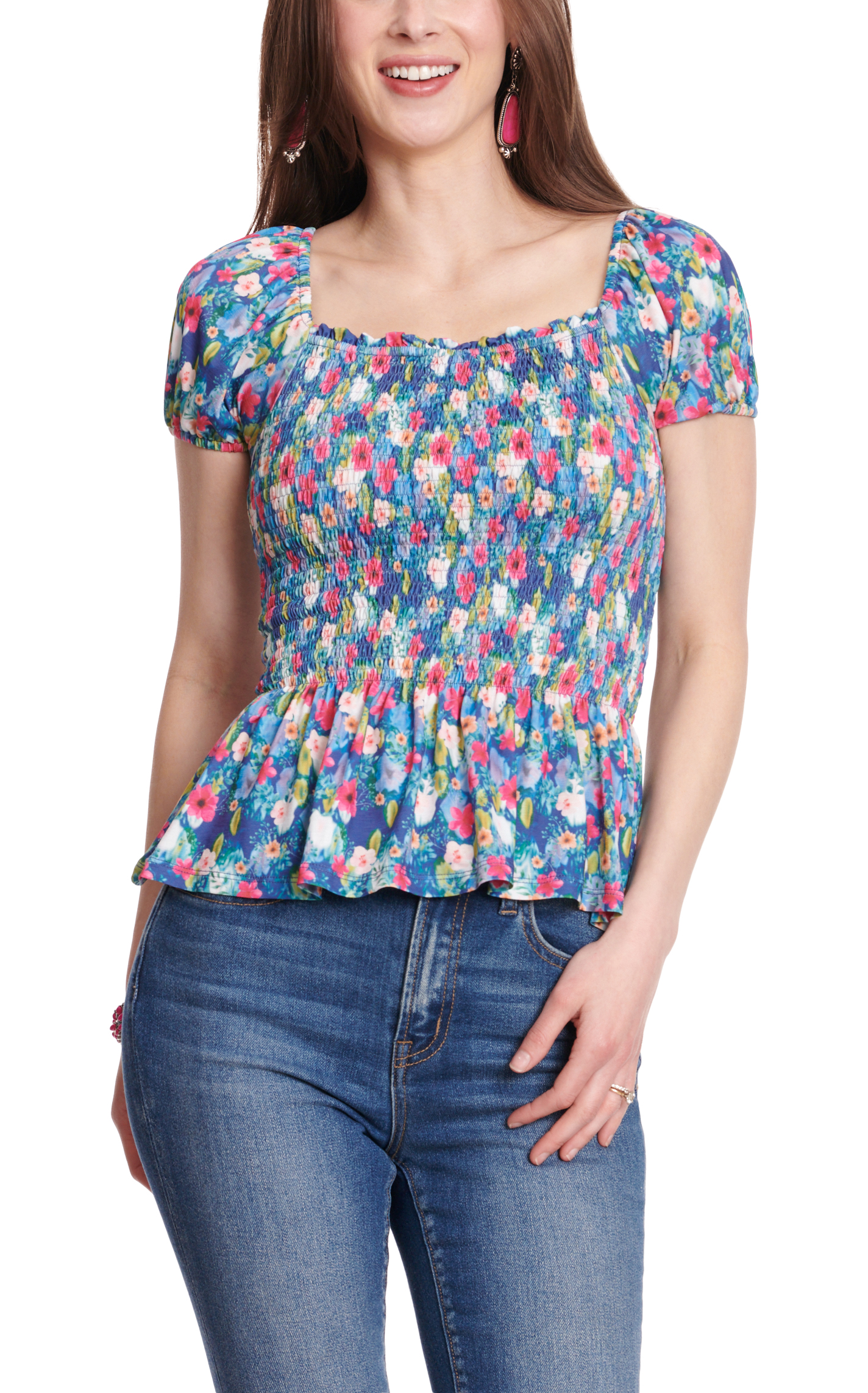 Cowgirl Hardware Women's Colorful Blue Floral Print Smocked Short Puff Sleeve Top - Image 1