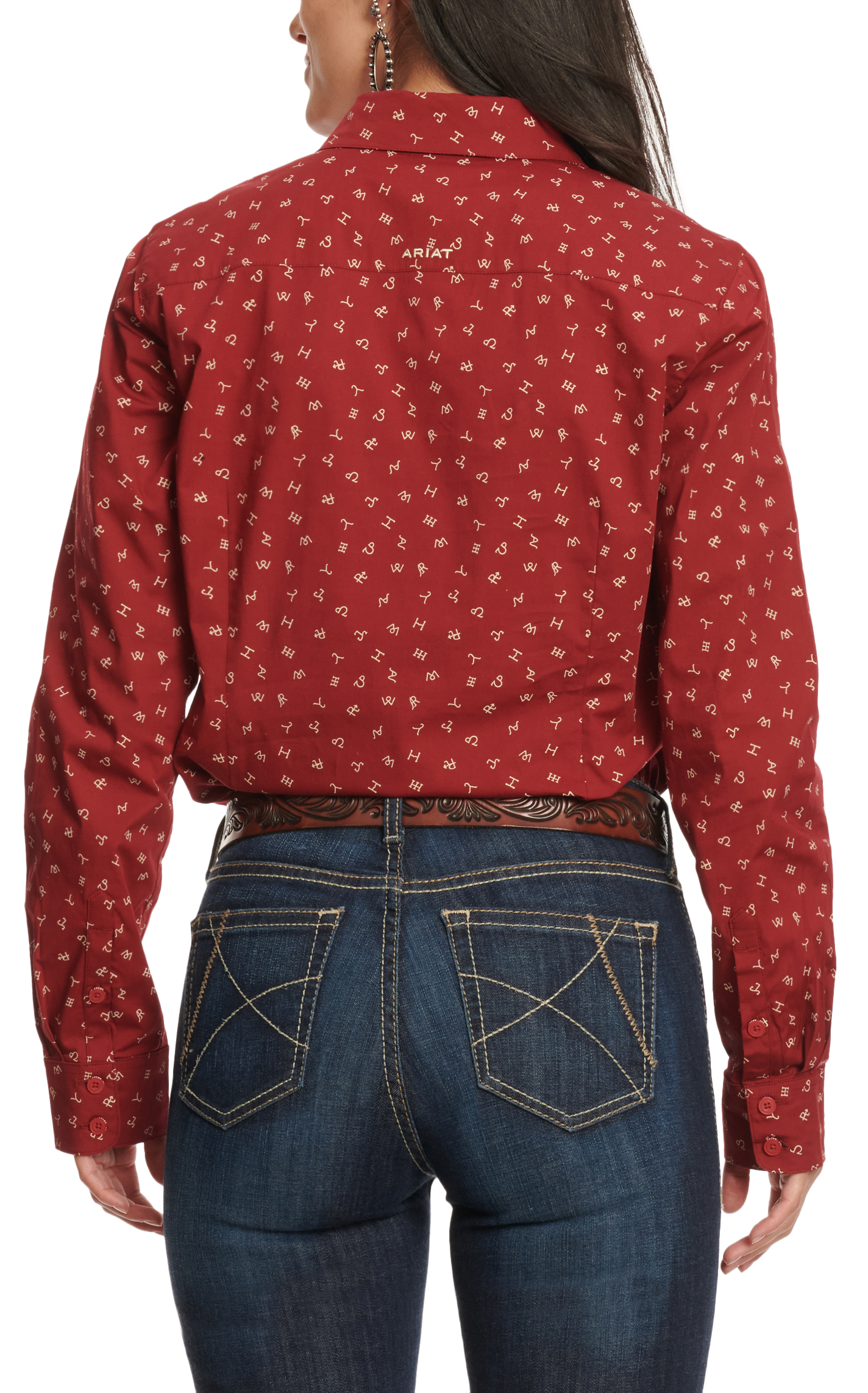 Ariat Women's Red & Khaki Cattle Brand Print Western Shirt - Image 1
