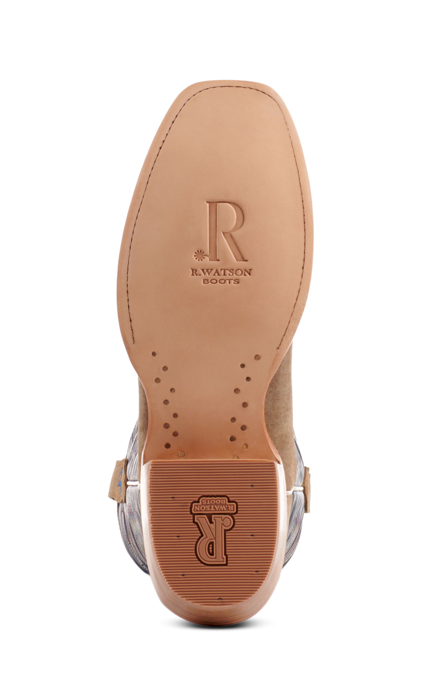 R. Watson Men's Cafe Brown Boar and Blue Punchy Square Toe Cowboy Boots - Image 1