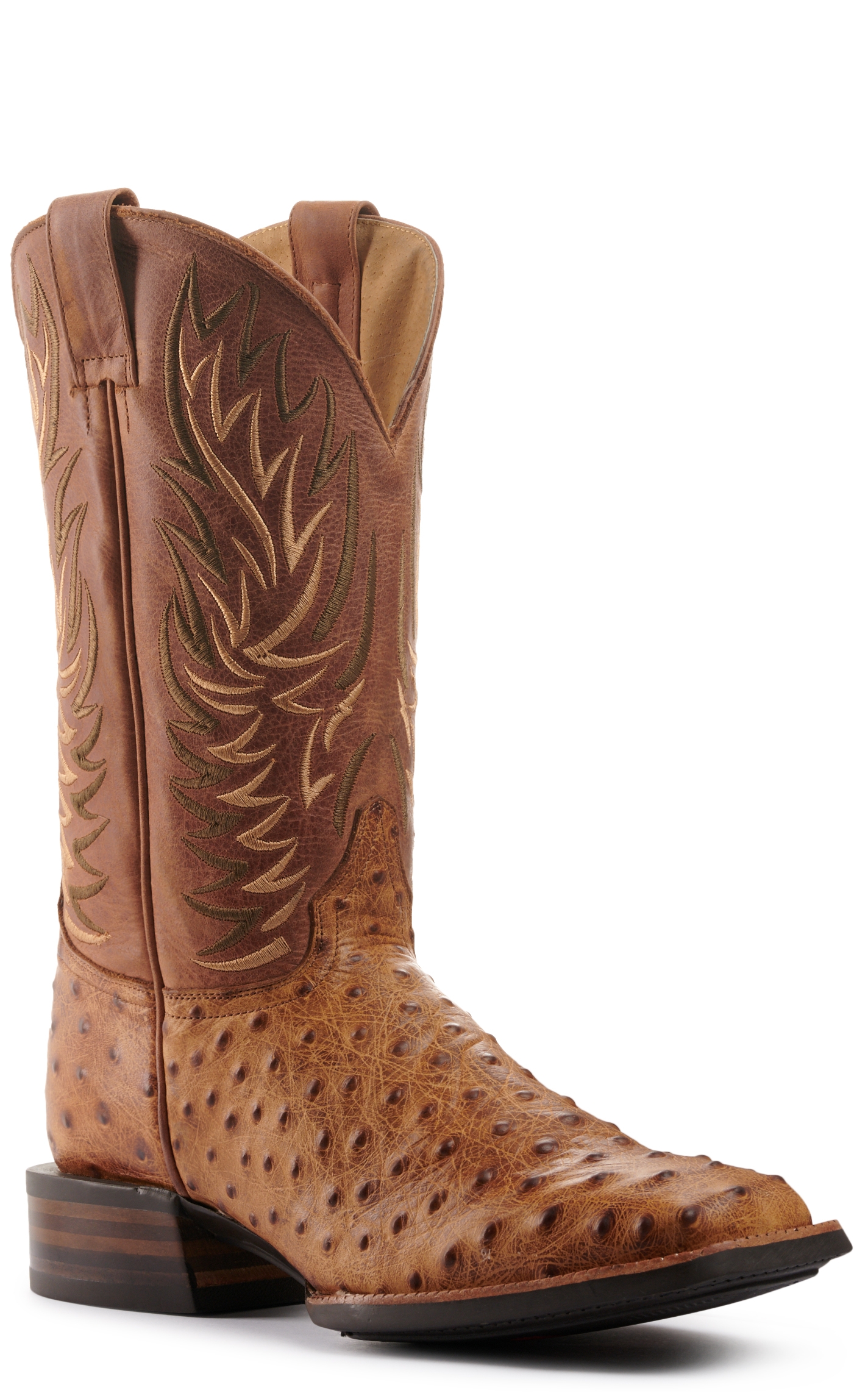 Cavender's Men's Intrepid Brass and Aleman Antique Tan Ostrich Print Wide Square Toe Cowboy Boots - Image 1