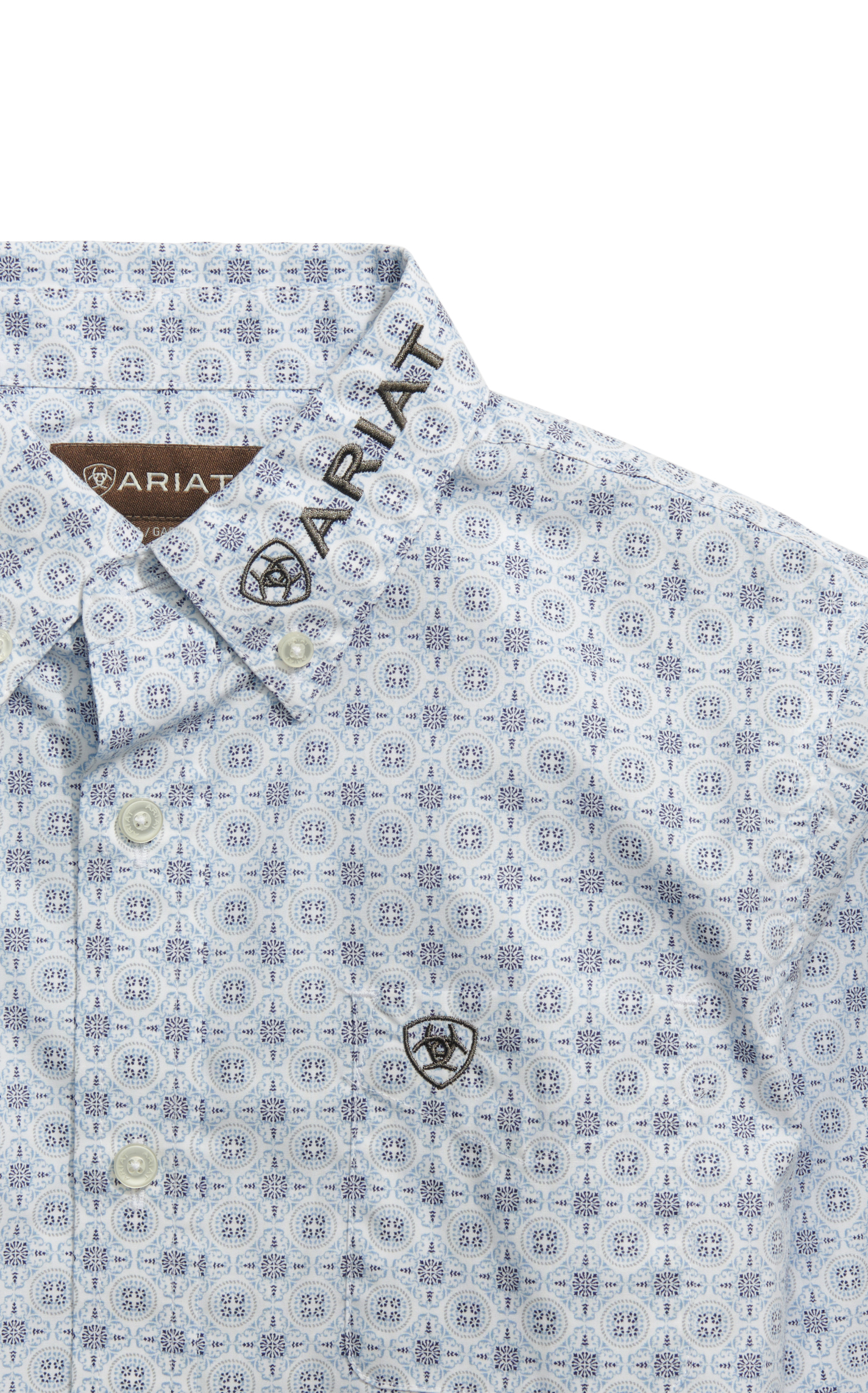 Ariat Boy's Team Kody Cornflower & Black Geo Print Logo Western Shirt - Image 1