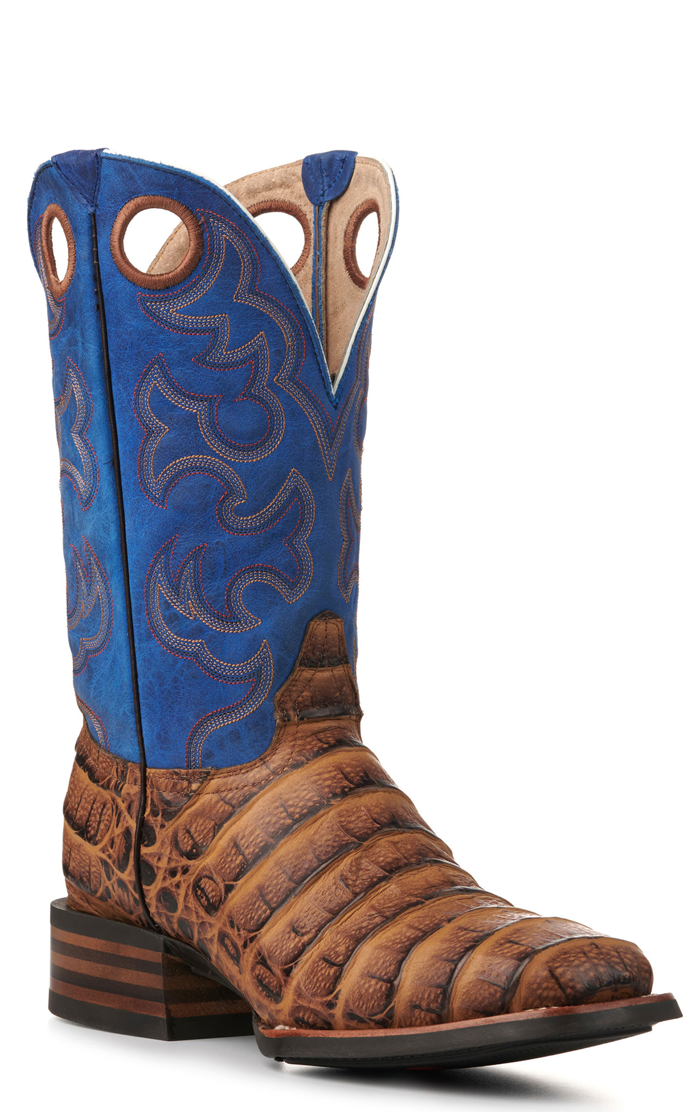 Cavender's Men's Intrepid Honey Giant Caiman Print and Blue Wide Square Toe Cowboy Boots - Image 1