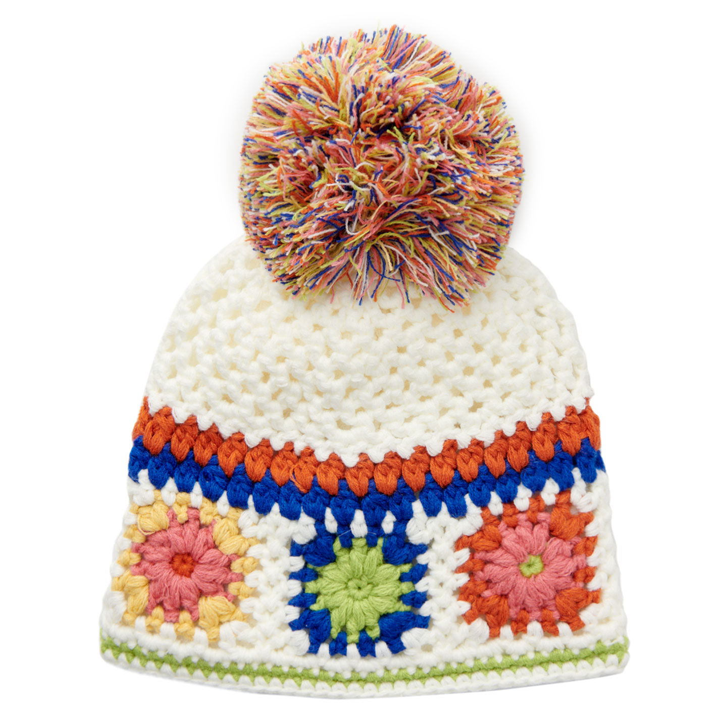 Girlie Girl White & Flowers Pom-Pom Crochet Beanie - Image 1