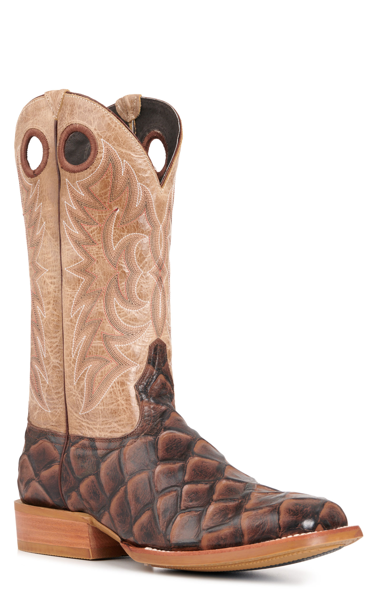 Cavender's Men's Intrepid Bone and Brown Pirarucu Print Wide Square Toe Cowboy Boots - Image 1
