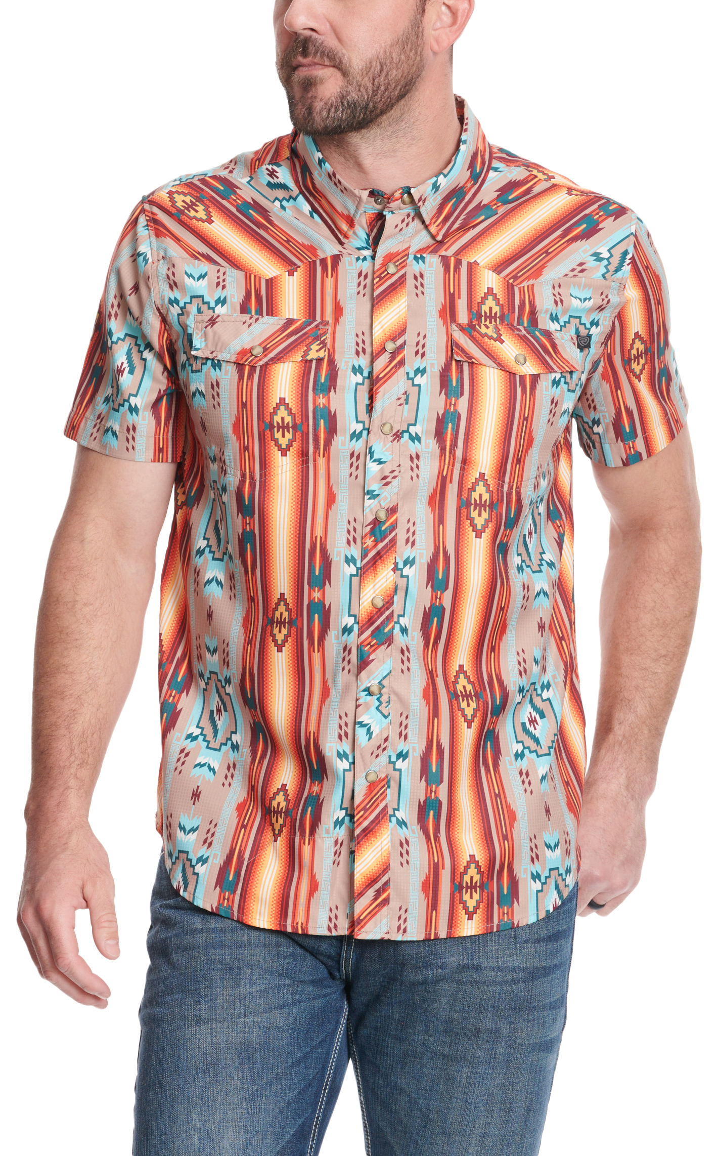 Rock & Roll Denim Men's Taupe & Sunset Aztec Print TEK Western Short Sleeve Shirt - Image 1