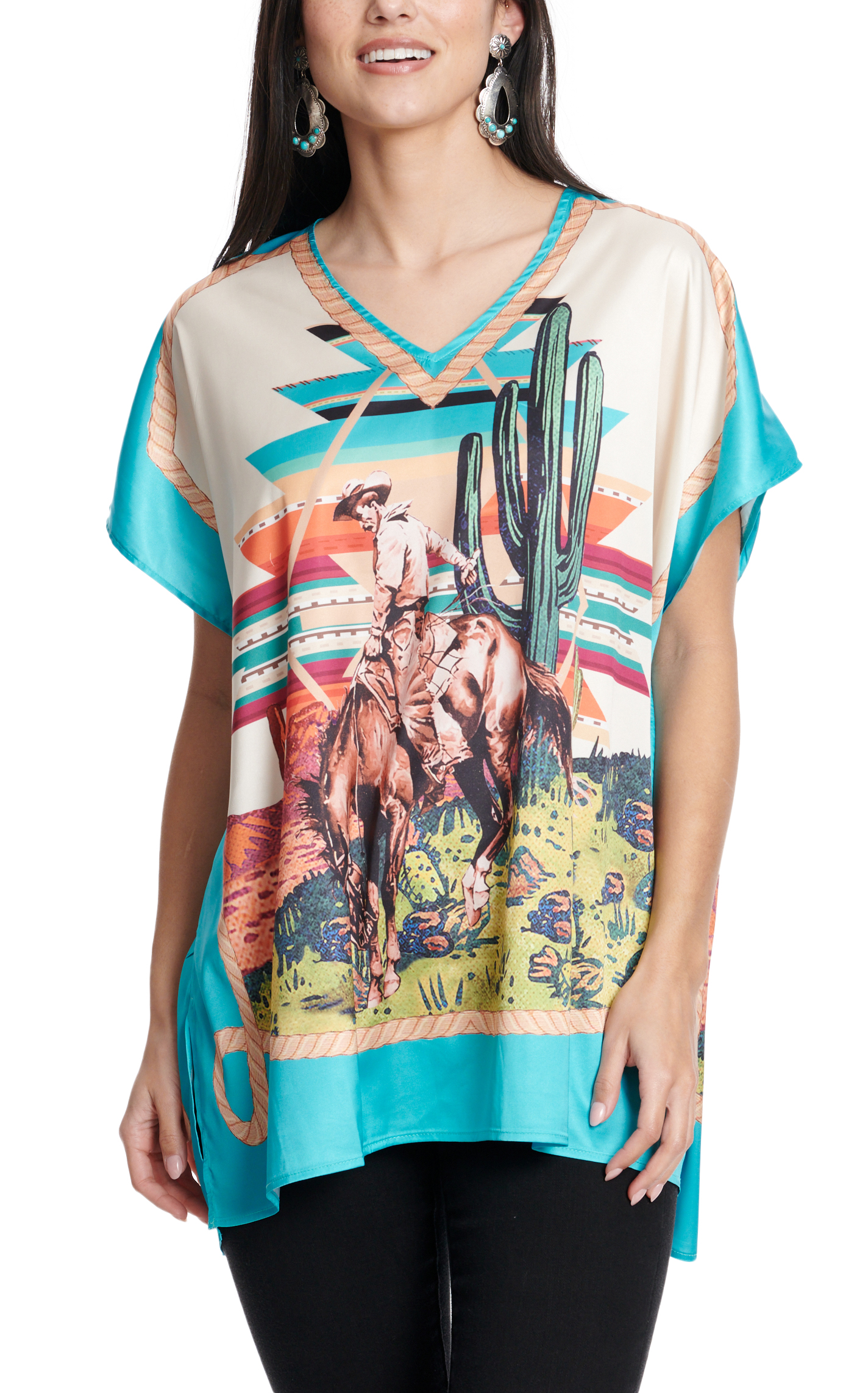 Fashion Express Women's Turquoise & Sand Retro Western Print Poncho - Image 2