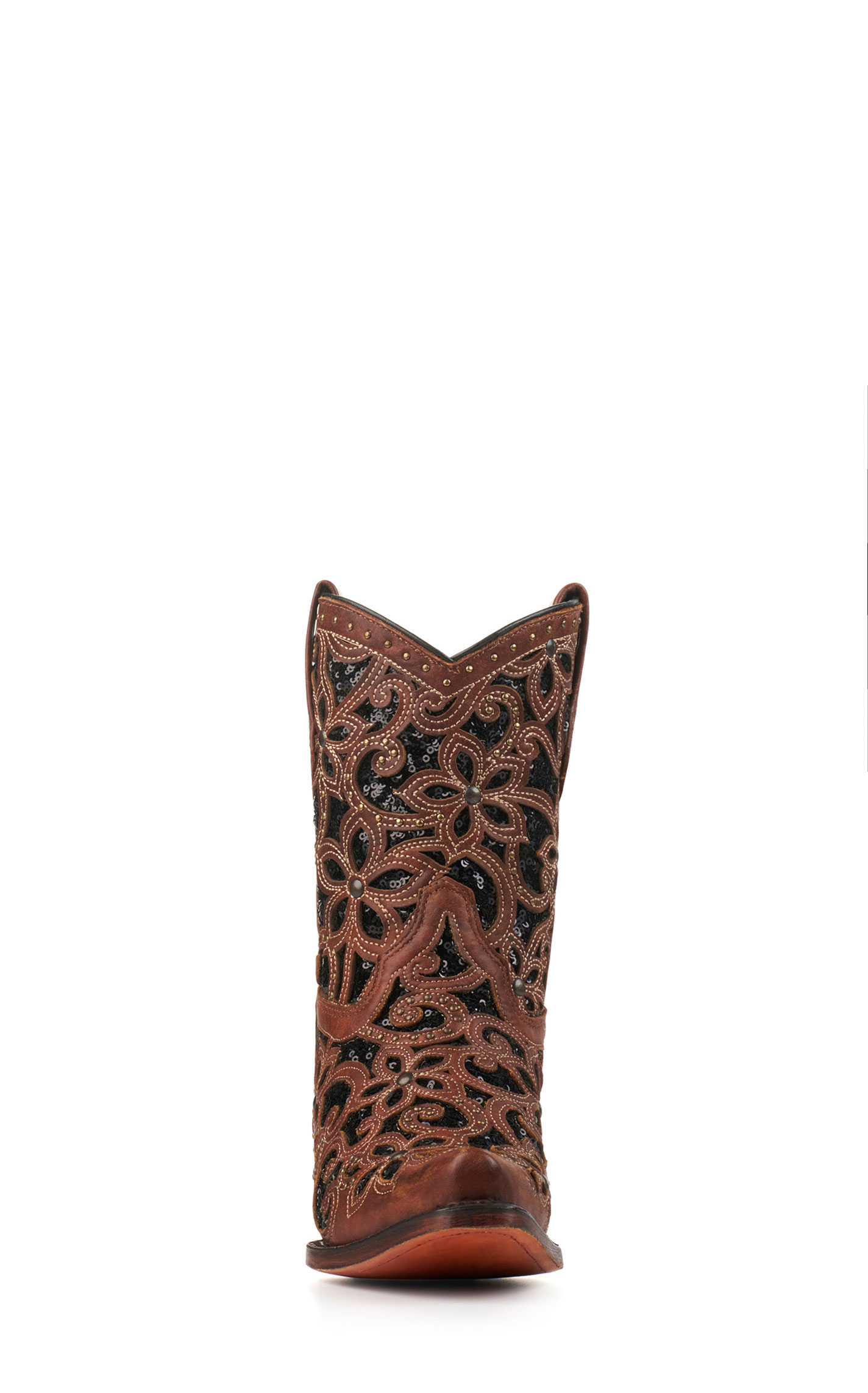 Corral Women's Brown with Black Glitter Inlay Snip Toe Cowboy Booties - Image 1