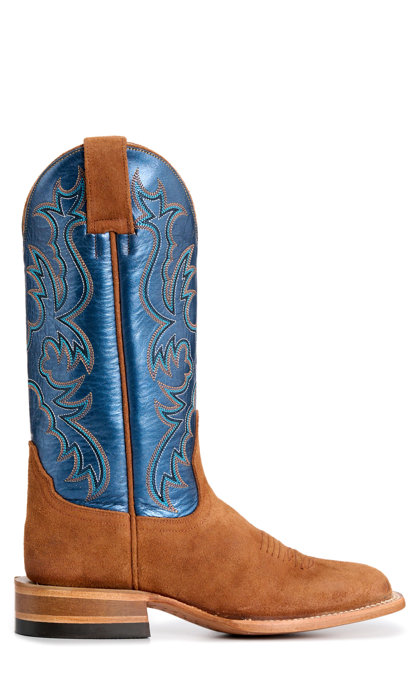 Cavender's Women's Cognac Suede Metallic Blue Wide Square Toe Cowboy Boots - Image 1
