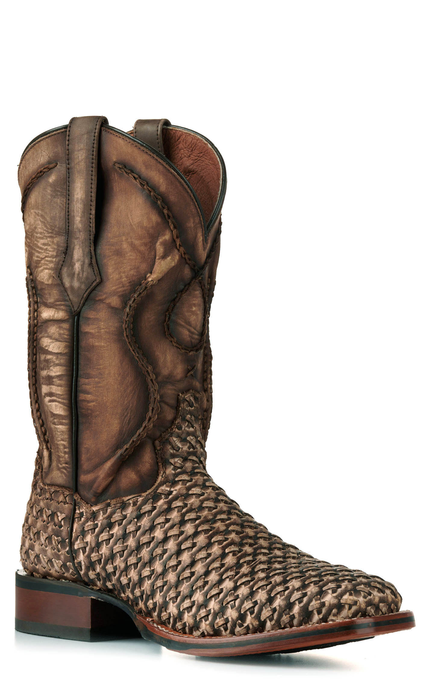 Dan Post Men's Stanley Distressed Tan Basketweave Wide Square Toe Cowboy Boots - Image 1