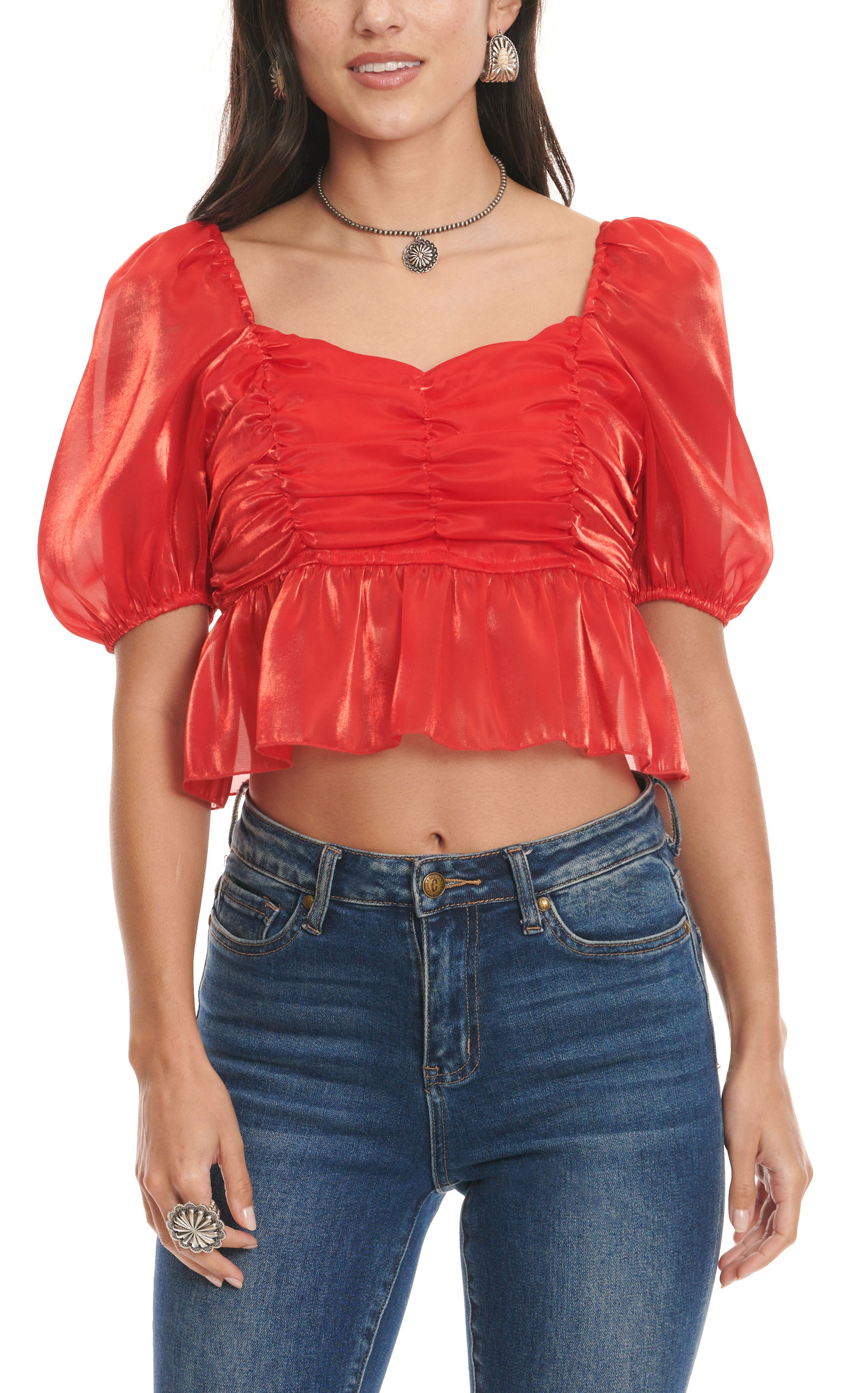Day + Moon Women's Satin Red Short Puff Sleeve Ruffle Cropped Top - Image 1