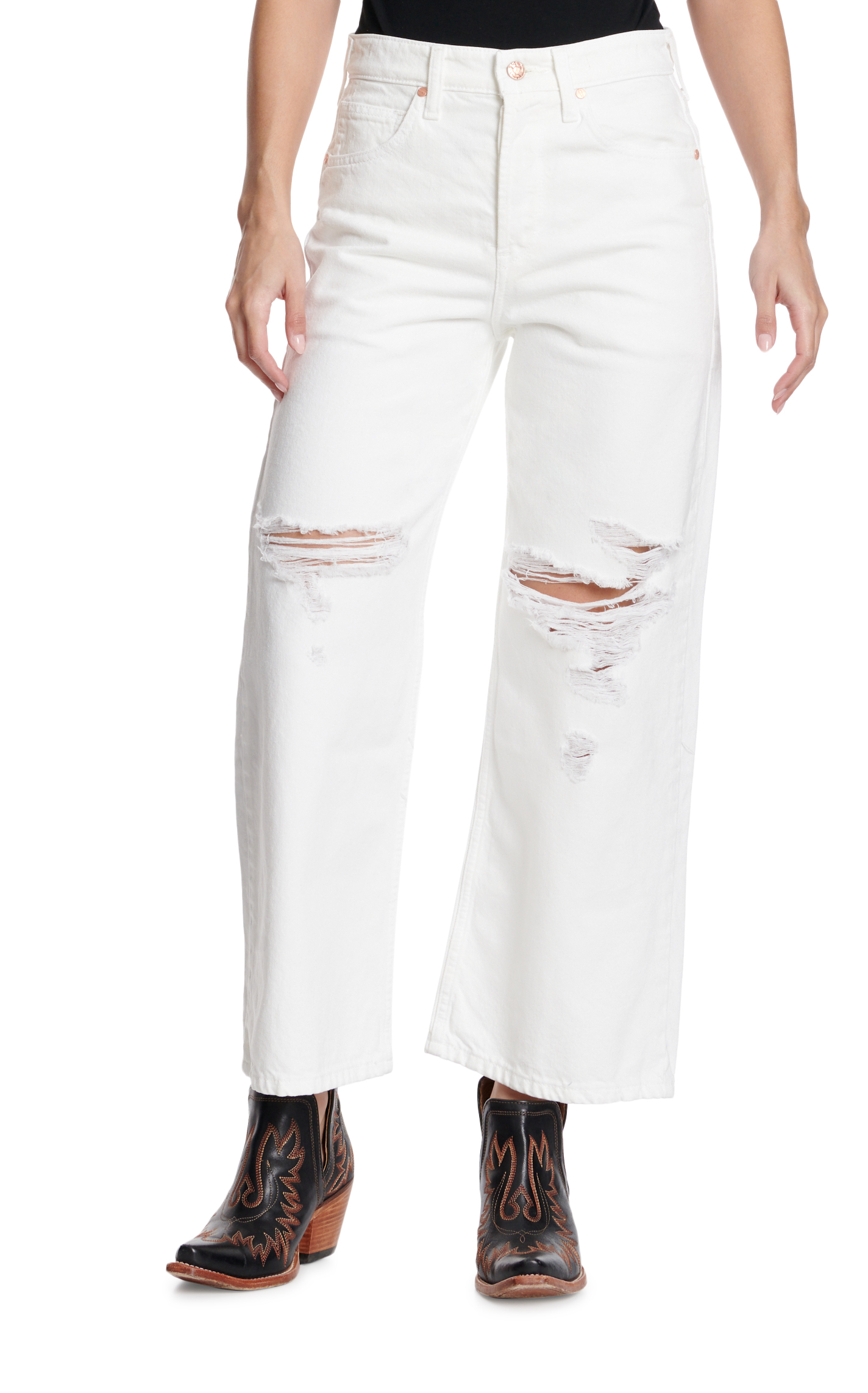 Ariat Women's White Denim Tomboy High Rise Wide Distressed Leg  Cropped Jeans - Image 1