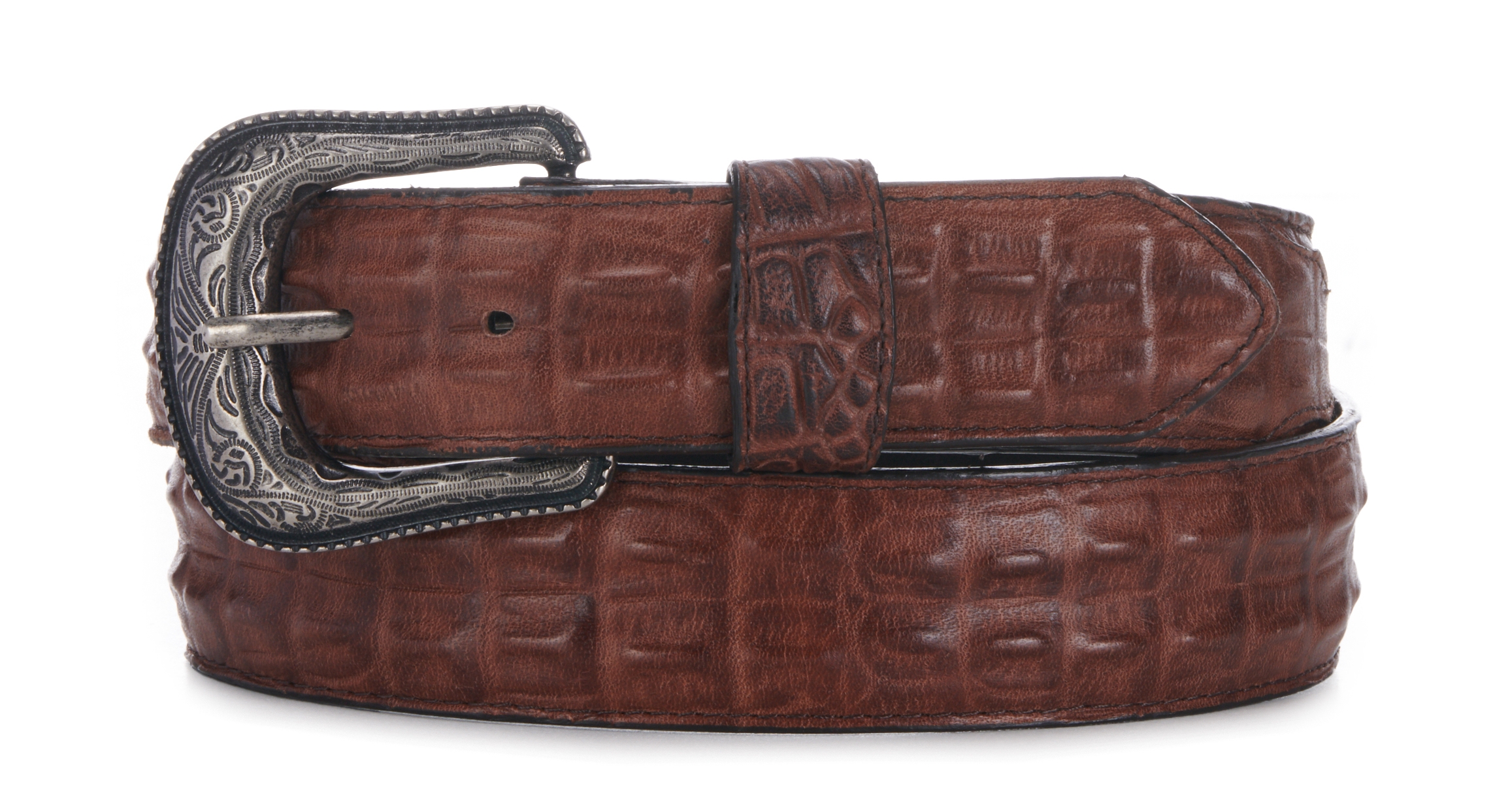 Cavender's Men's Chocolate Brown Caiman Hornback Print Western Belt - Image 1