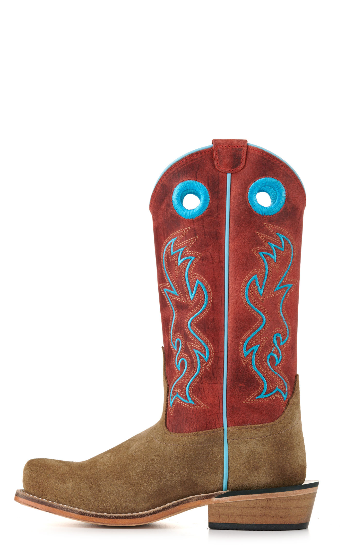 Old West Kids Camel Suede and Red Punchy Square Toe Cowboy Boots - Image 1