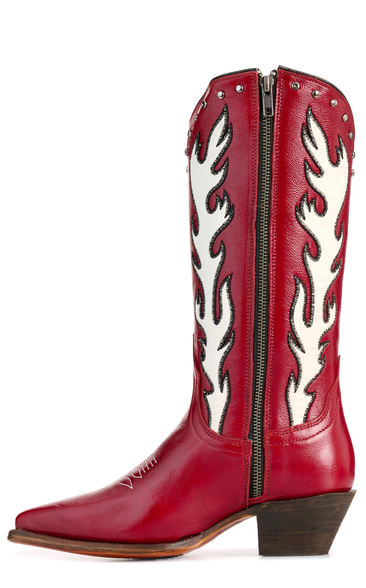 Corral Women's Dark Red with White Flames & Studs Pointed Toe Cowboy Boots - Image 1
