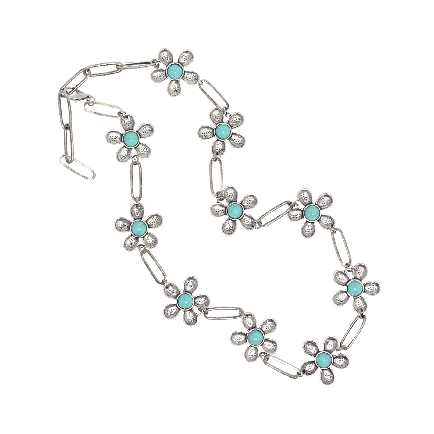 Rockin' C Antiqued Silver & Turquoise Flower Chain Necklace - Image 1
