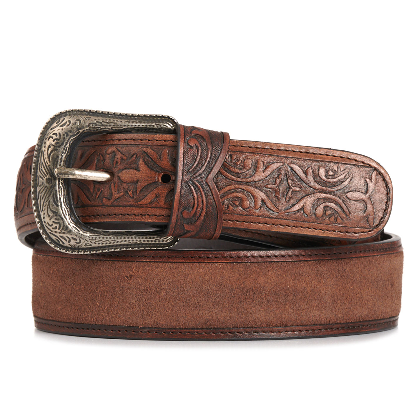 Cavender's Men's Medium Brown Embossed Leather & Chocolate Suede Inlay Belt - Image 1