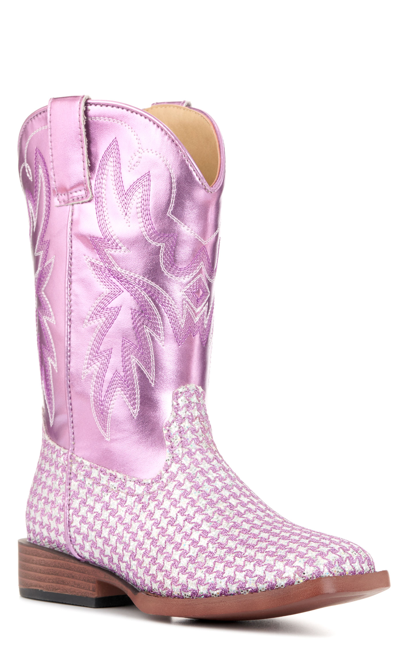 Roper Girls' Glitter Glam Metallic Purple Checkered Square Toe Cowboy Boots - Image 1