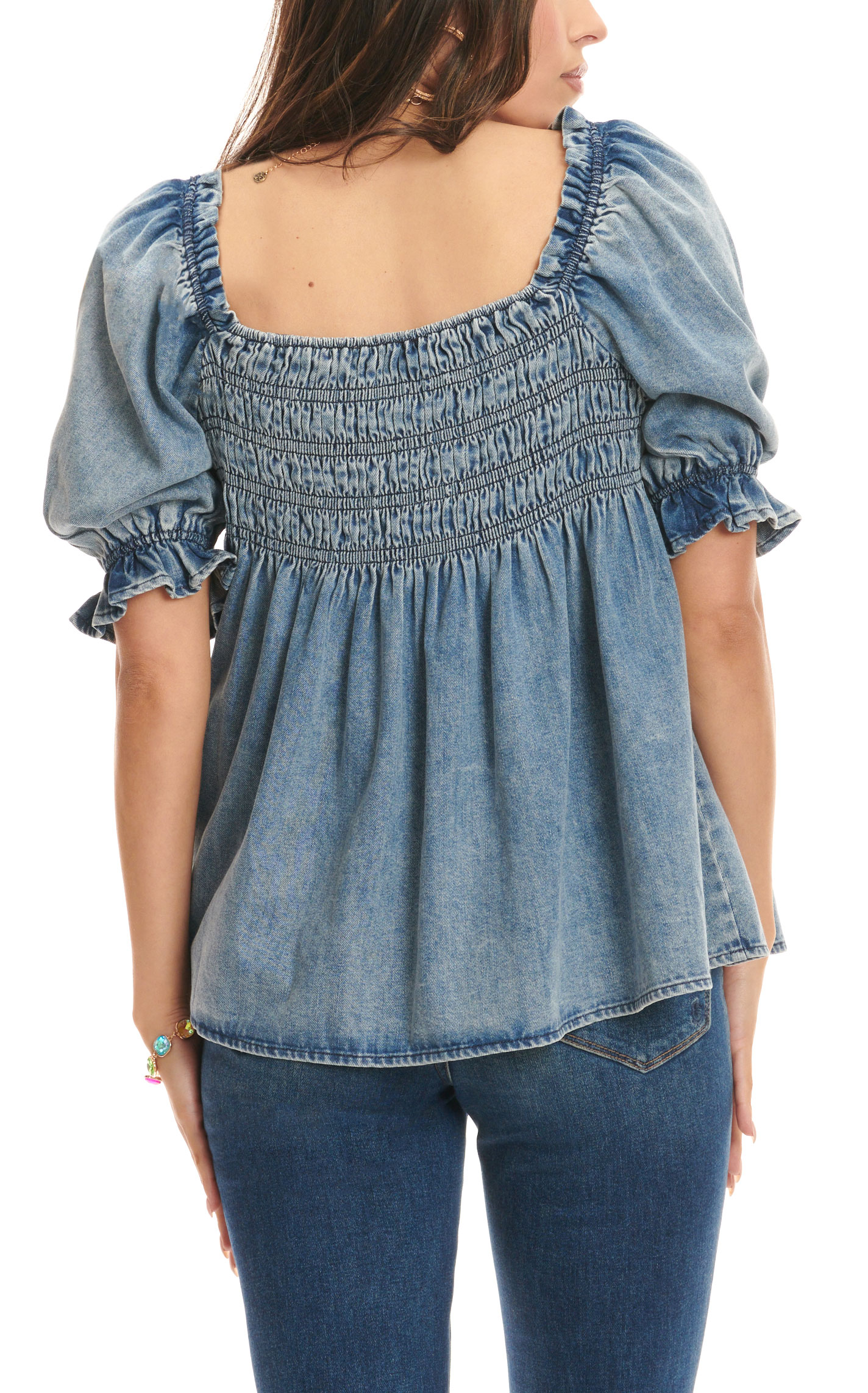 MAZIK Women's Medium Wash Denim Blue Smocked Short Puff Sleeve Top - Image 1