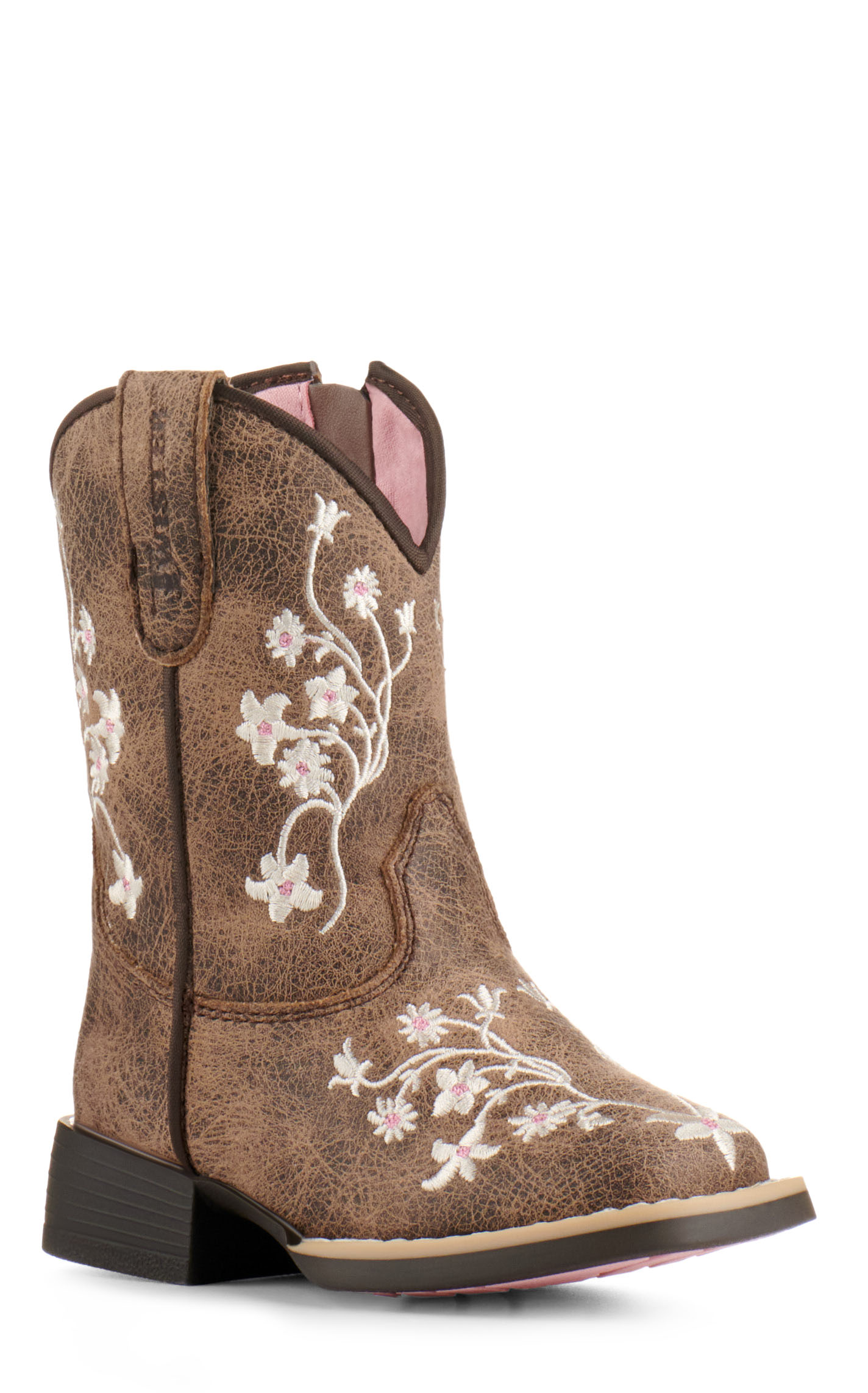 Twister Toddler Lily Brown with White Floral Embroidery Square Toe Cowboy Boots - Image 1