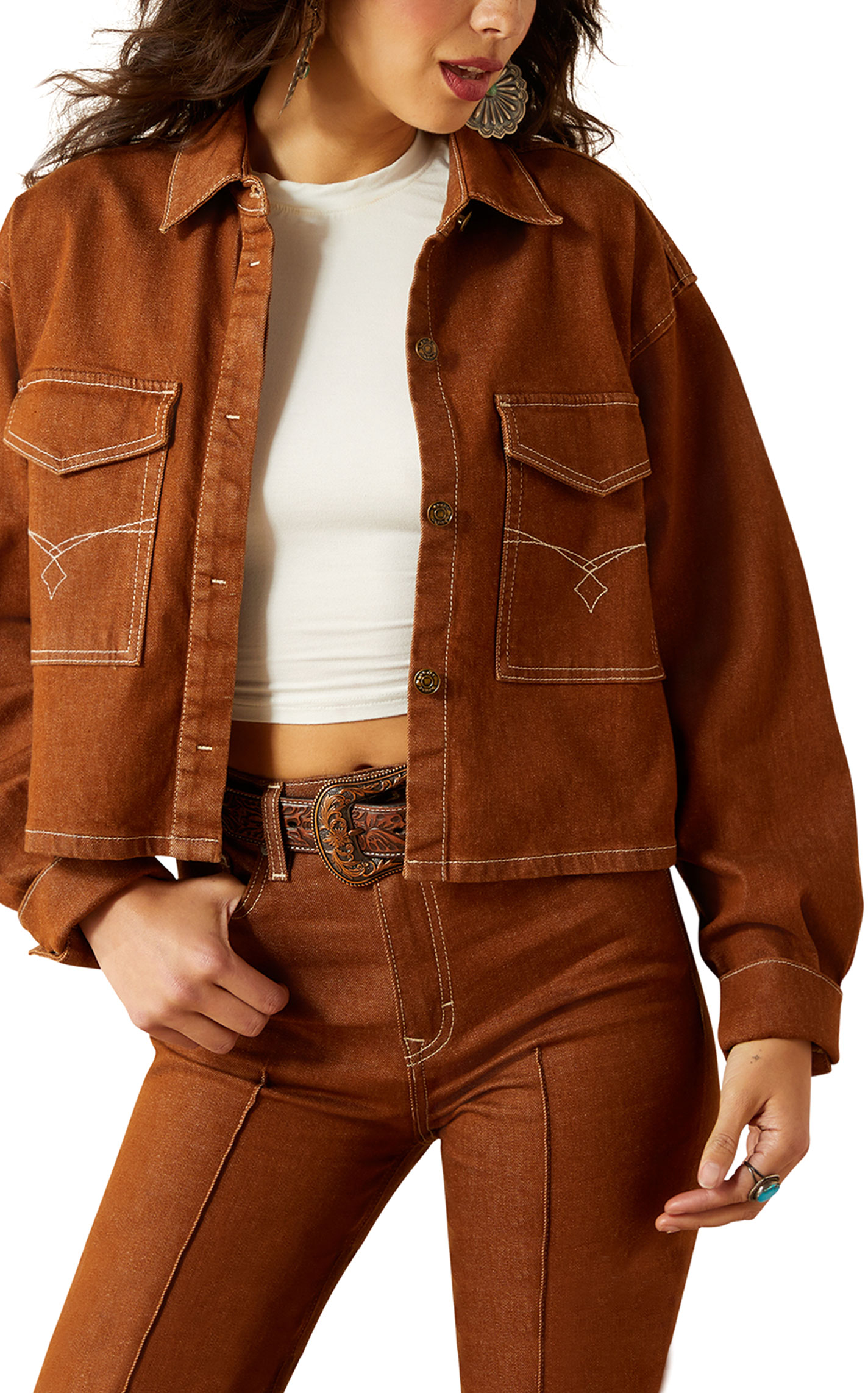 Ariat Women's Brown Boxy Cropped Denim Shacket - Image 1