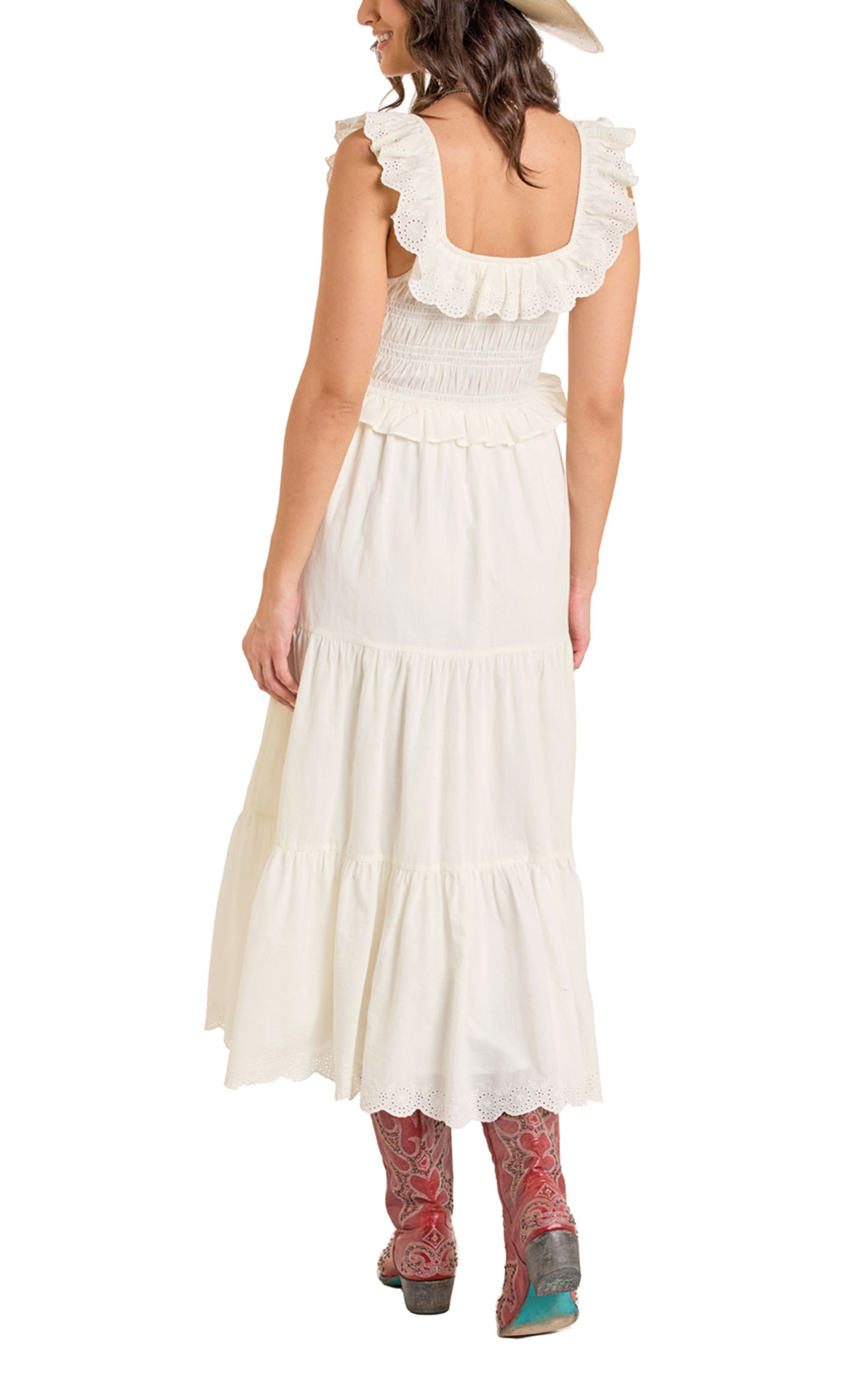 Rock & Roll Denim Women's Natural Ruched Eyelet Lace Tiered Midi Dress - Image 1