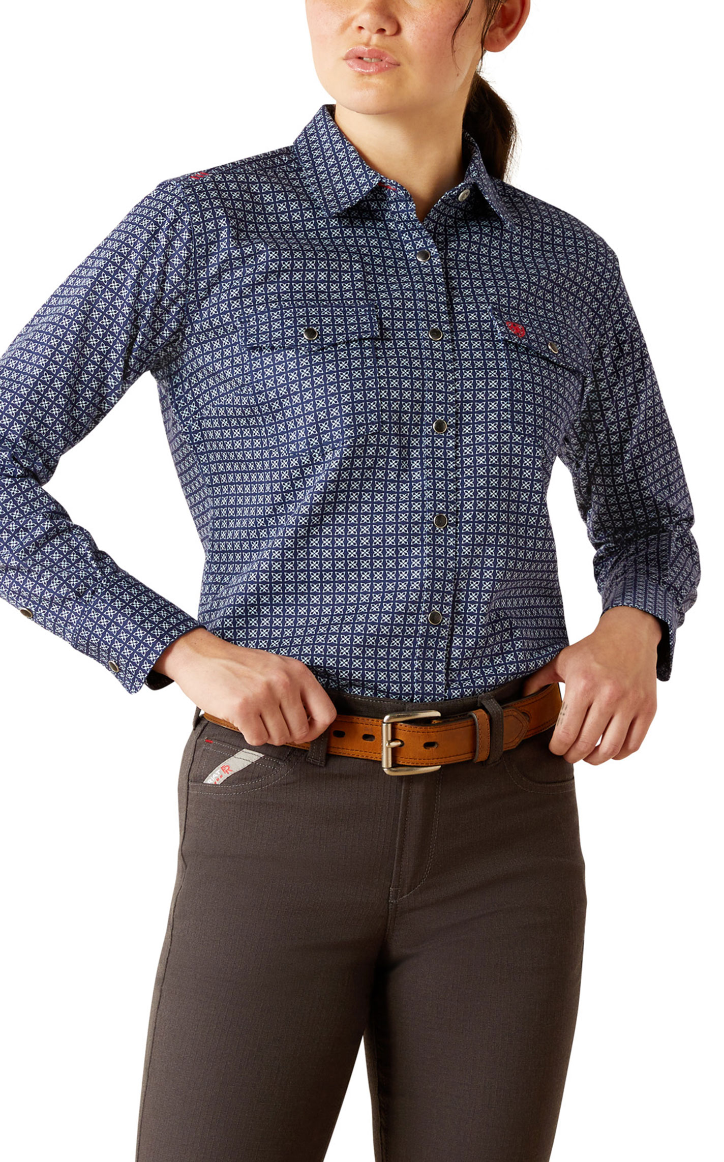 Ariat Women's Beverly Navy Geo FR Western Work Shirt - Image 1