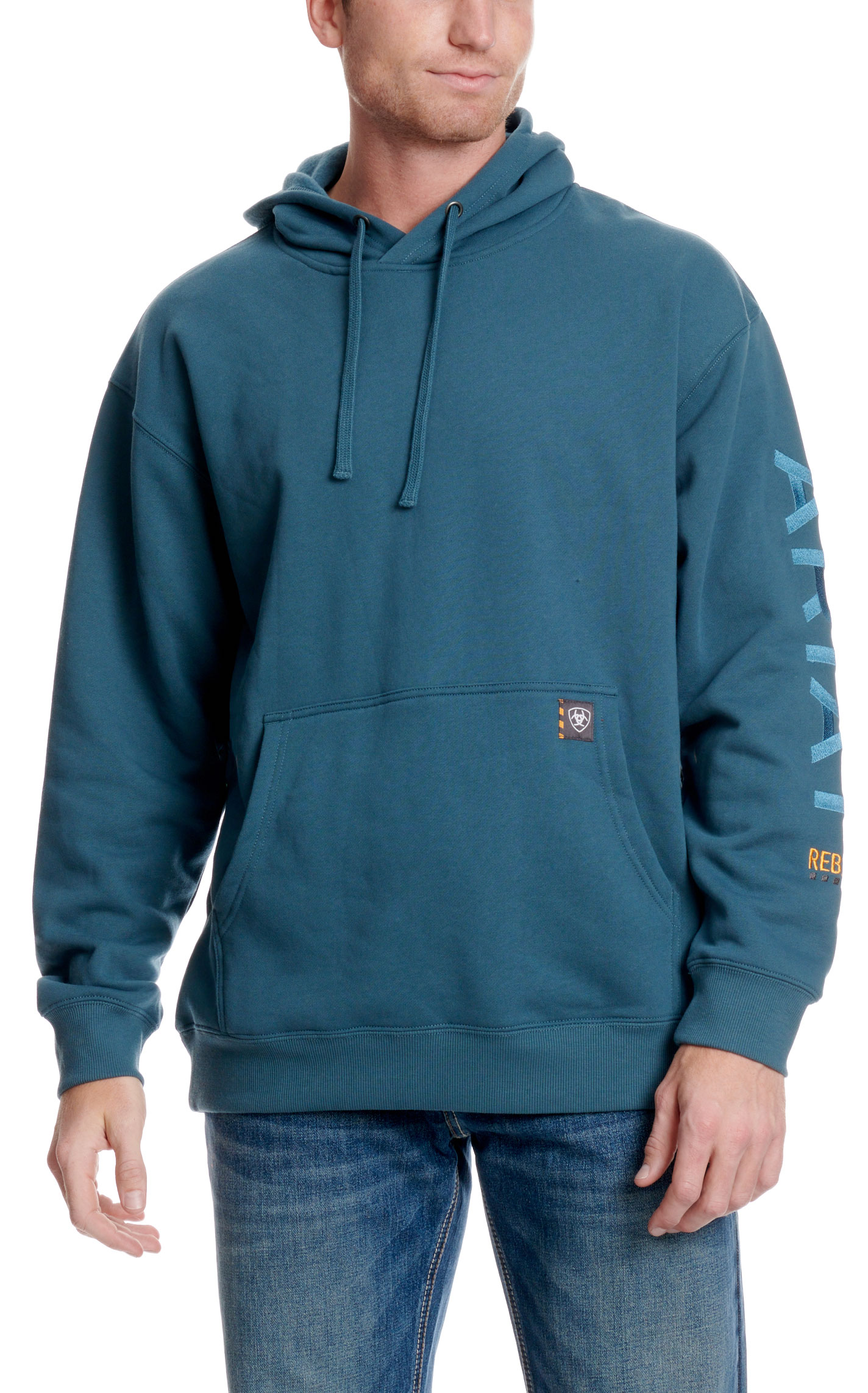 Ariat Men's Rebar All Weather Aegean Blue & Logo Sleeve Work Hoodie - Image 1