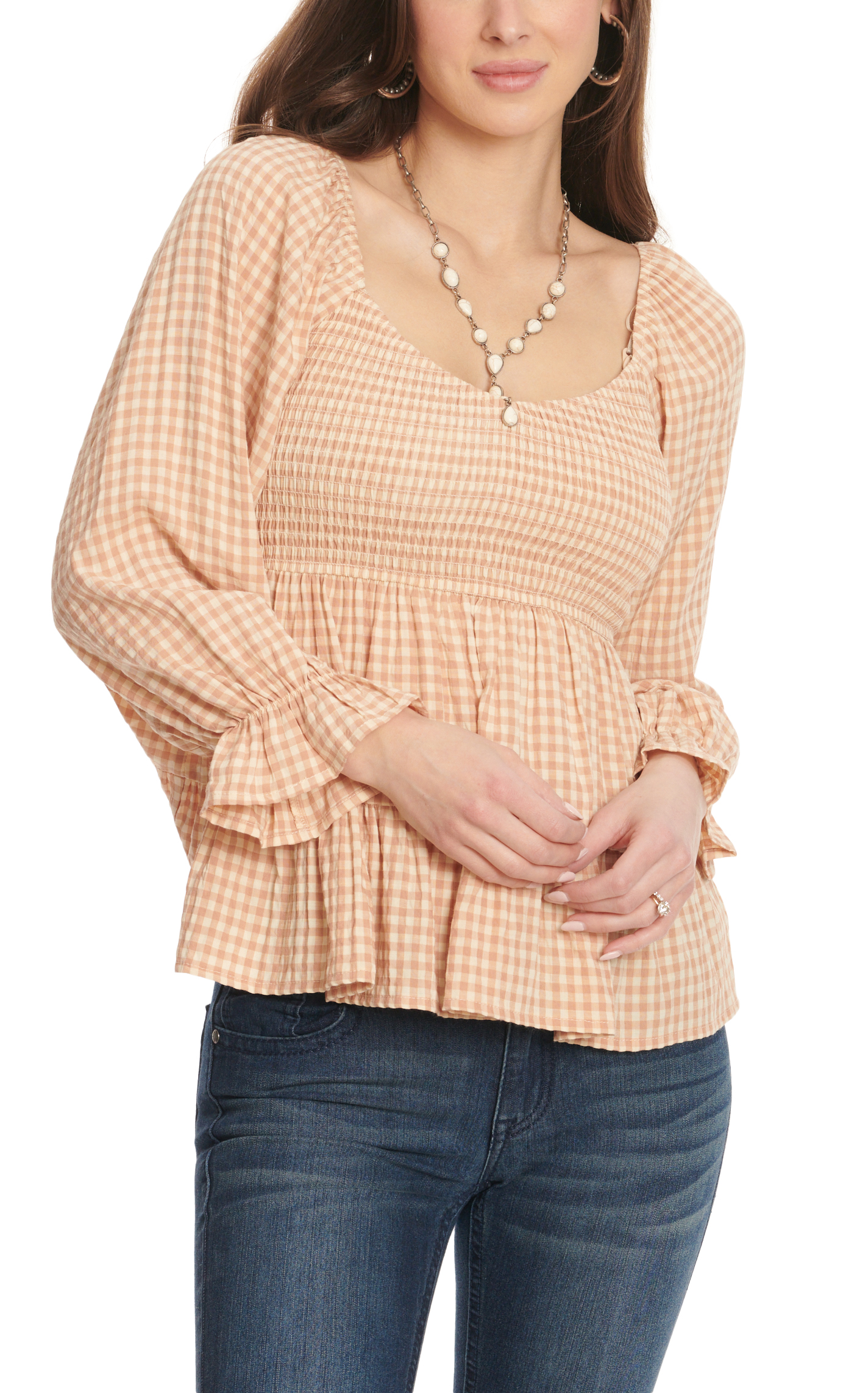 Rockin C Women's Cream & Light Brown Sugar Gingham Smocked Long Sleeve Top - Image 1