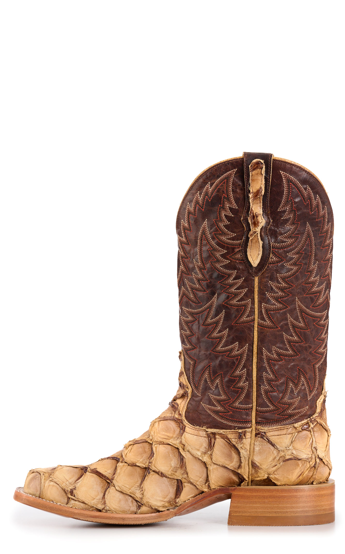Cavender’s Men’s Brass and Caramel Pirarucu Wide Square Toe Exotic Cowboy Boots - Image 1