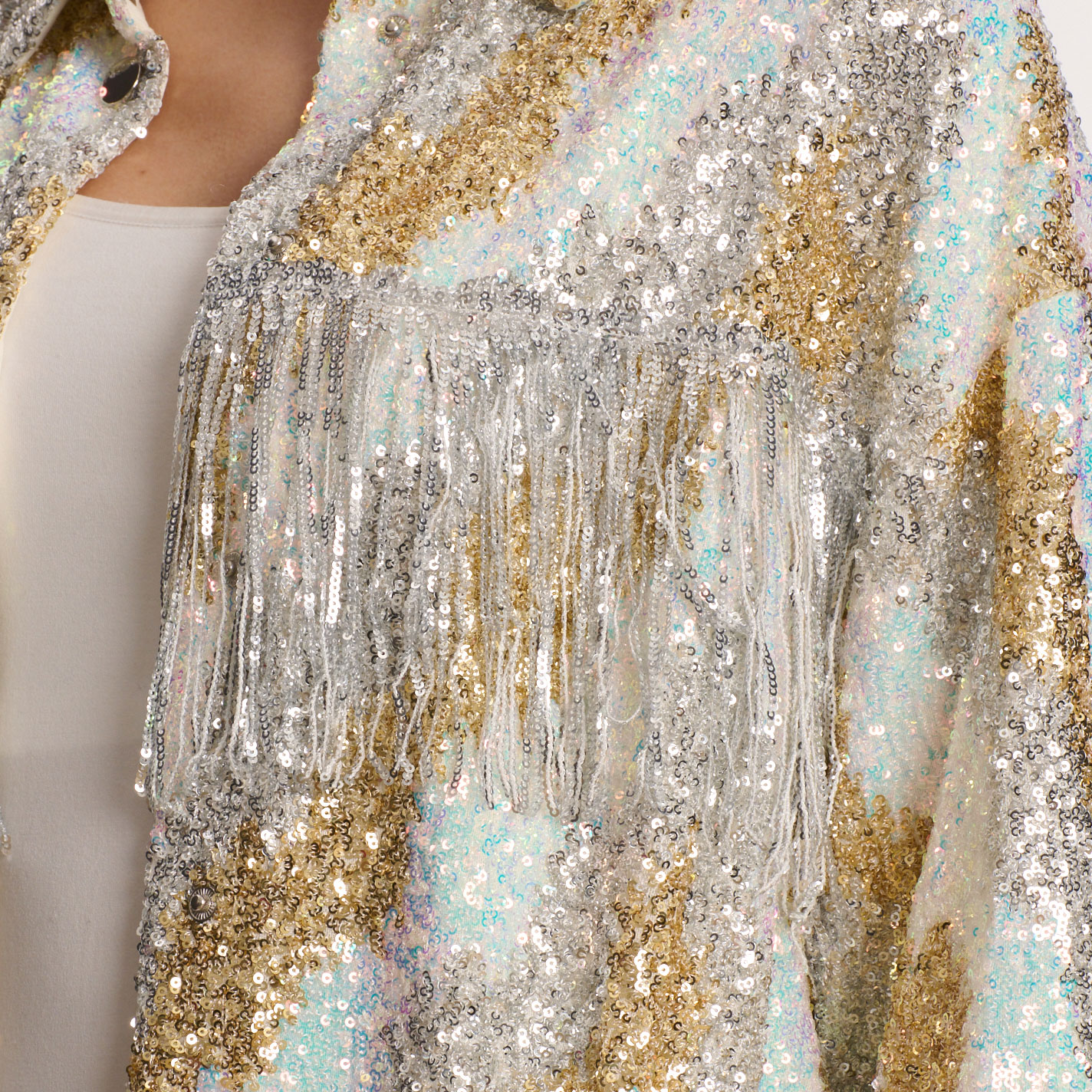 Miss Me Women's Gold & Iridescent Sequin Fringed Jacket - Image 1