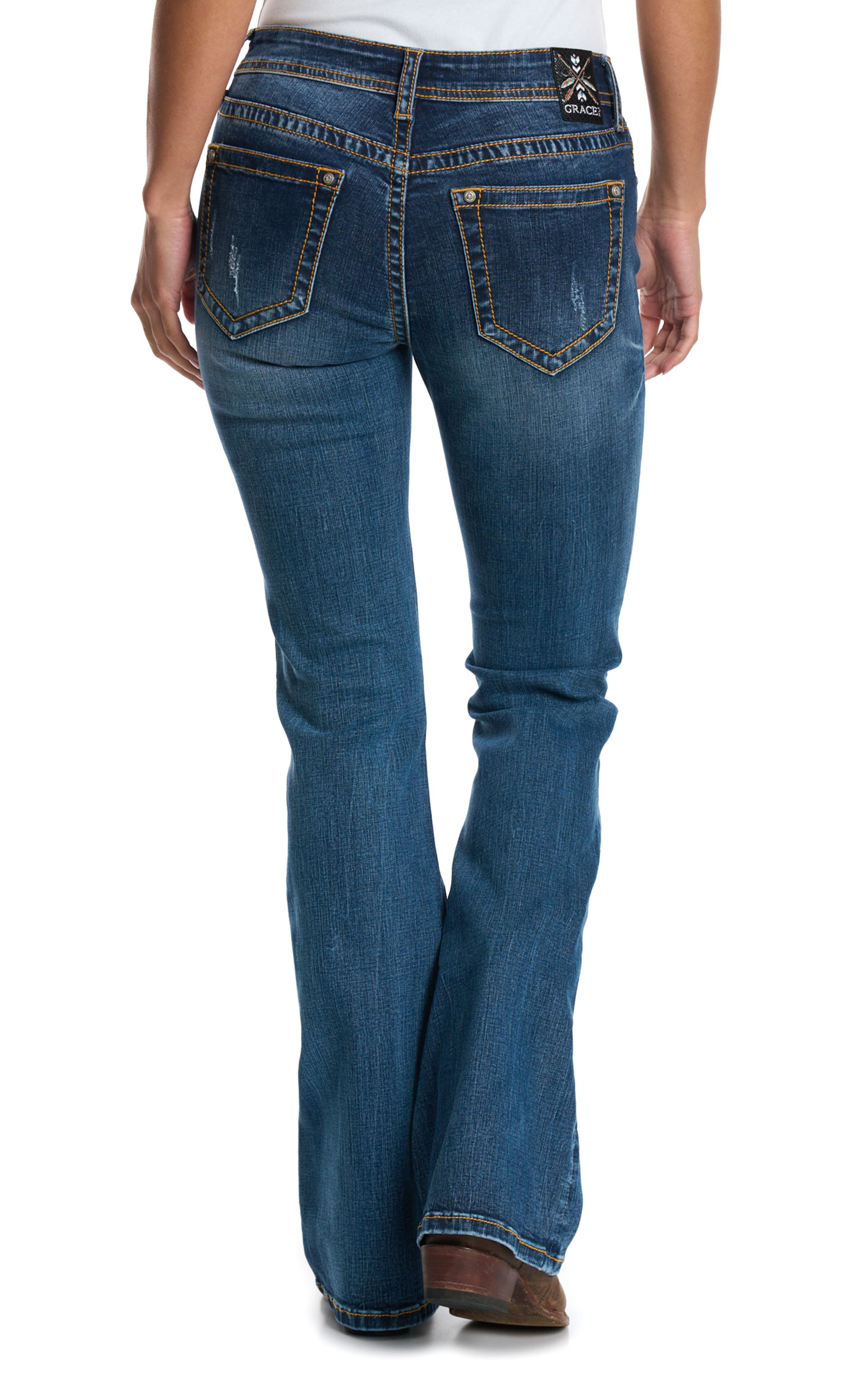 Grace in L.A. Women's Dark Wash Distressed Basic Boot Cut Jeans - Image 1