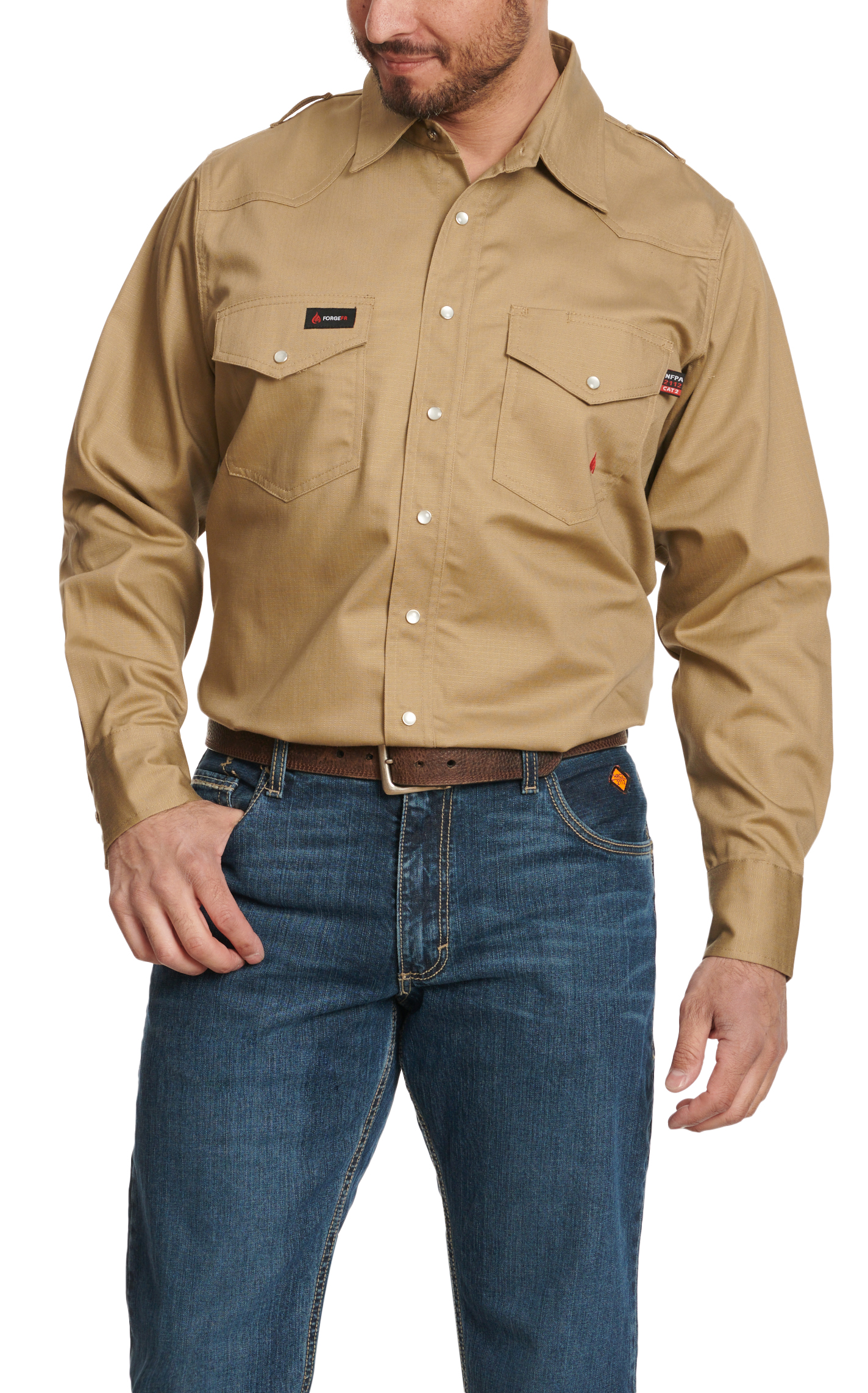 Forge Men's Khaki Lightweight Long Sleeve FR Work Shirt - Image 1