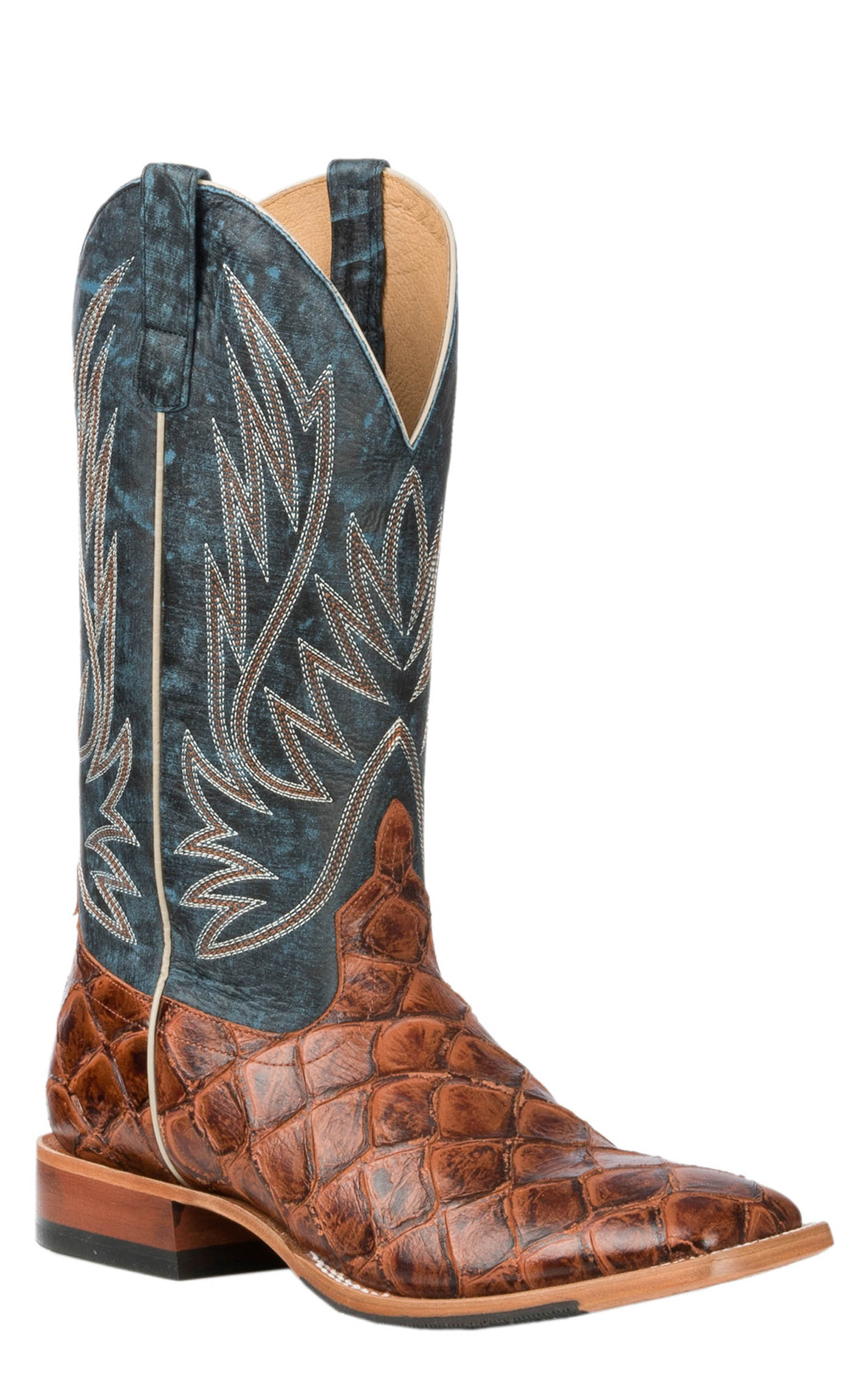 Anderson Bean Men's Horse Power Cognac Fish Print and Blue Double Welt Wide Square Toe Cowboy Boots - Image 1