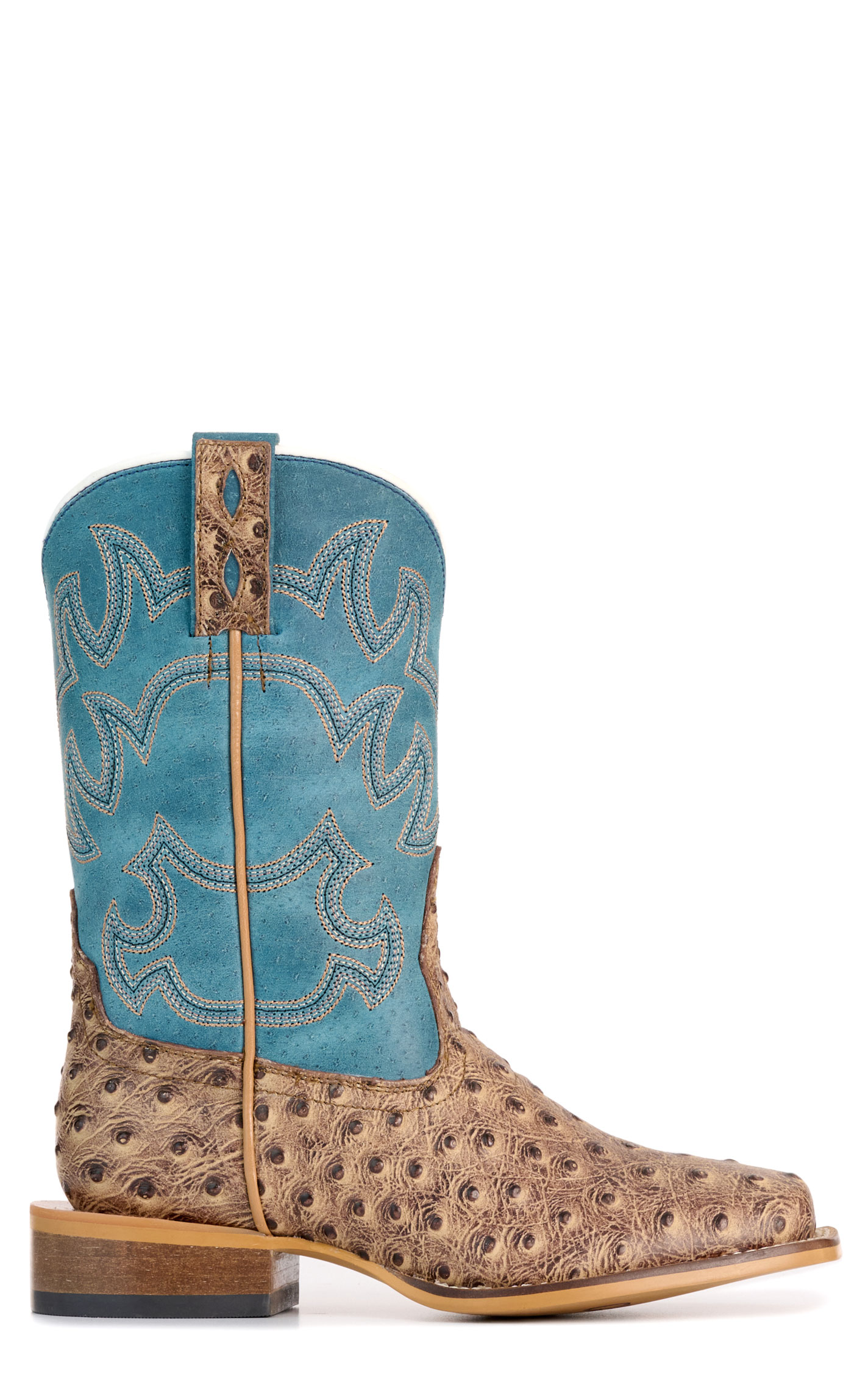 Cavender's Youth Sand Ostrich Print and Blue Wide Square Toe Cowboy Boots - Image 1
