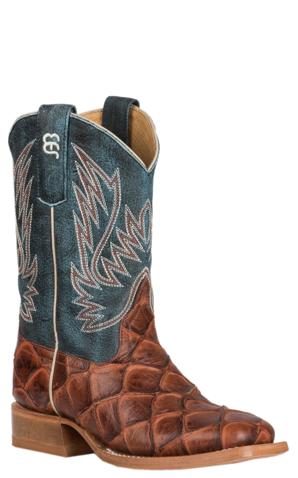 Anderson Bean Kids Horse Power Cognac Fish Print and Green Wide Square Toe Cowboy Boot - Image 1