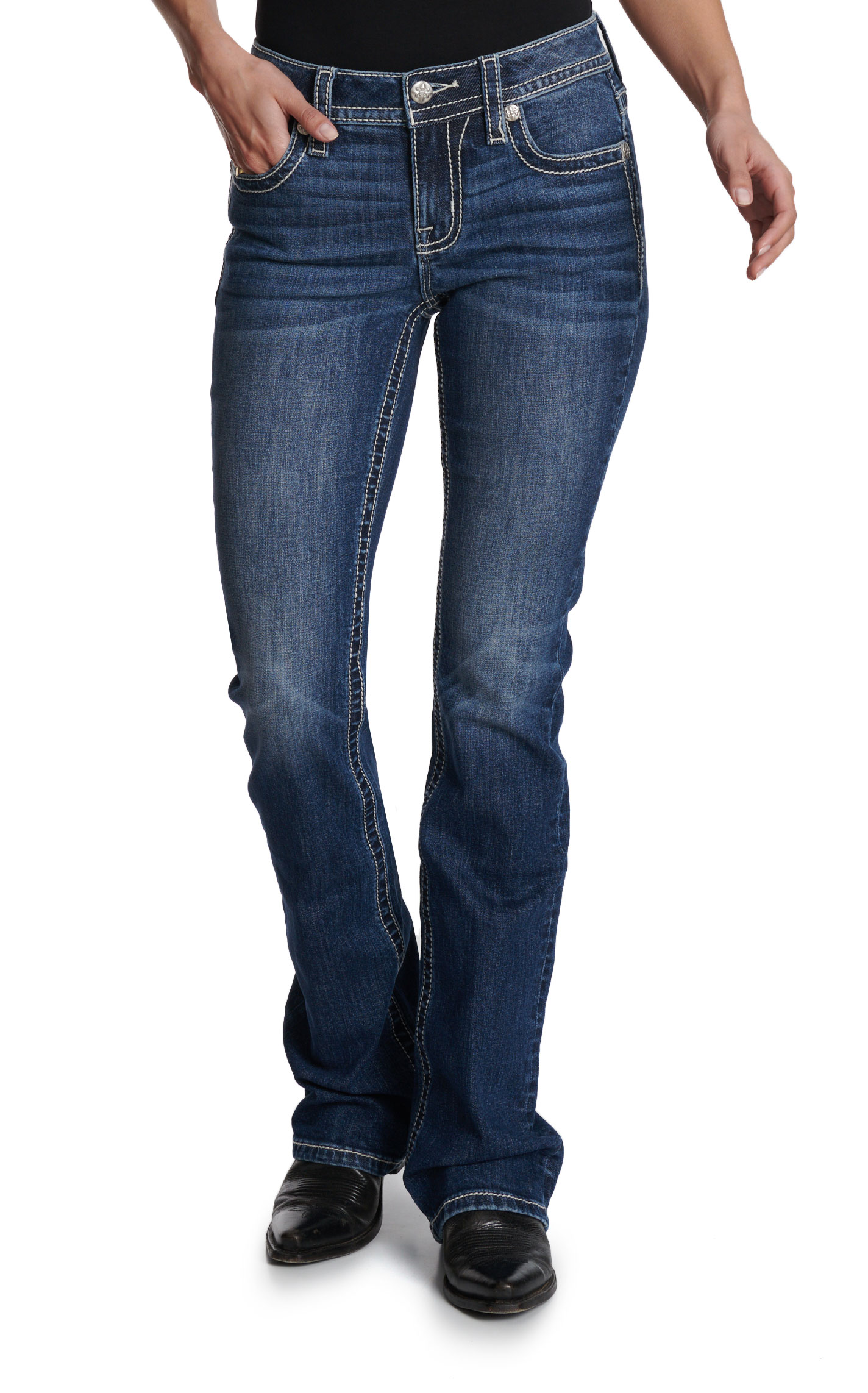 Miss Me Women’s Medium Wash Lace Longhorn Open Pocket 34” Bootcut Jeans - Image 1
