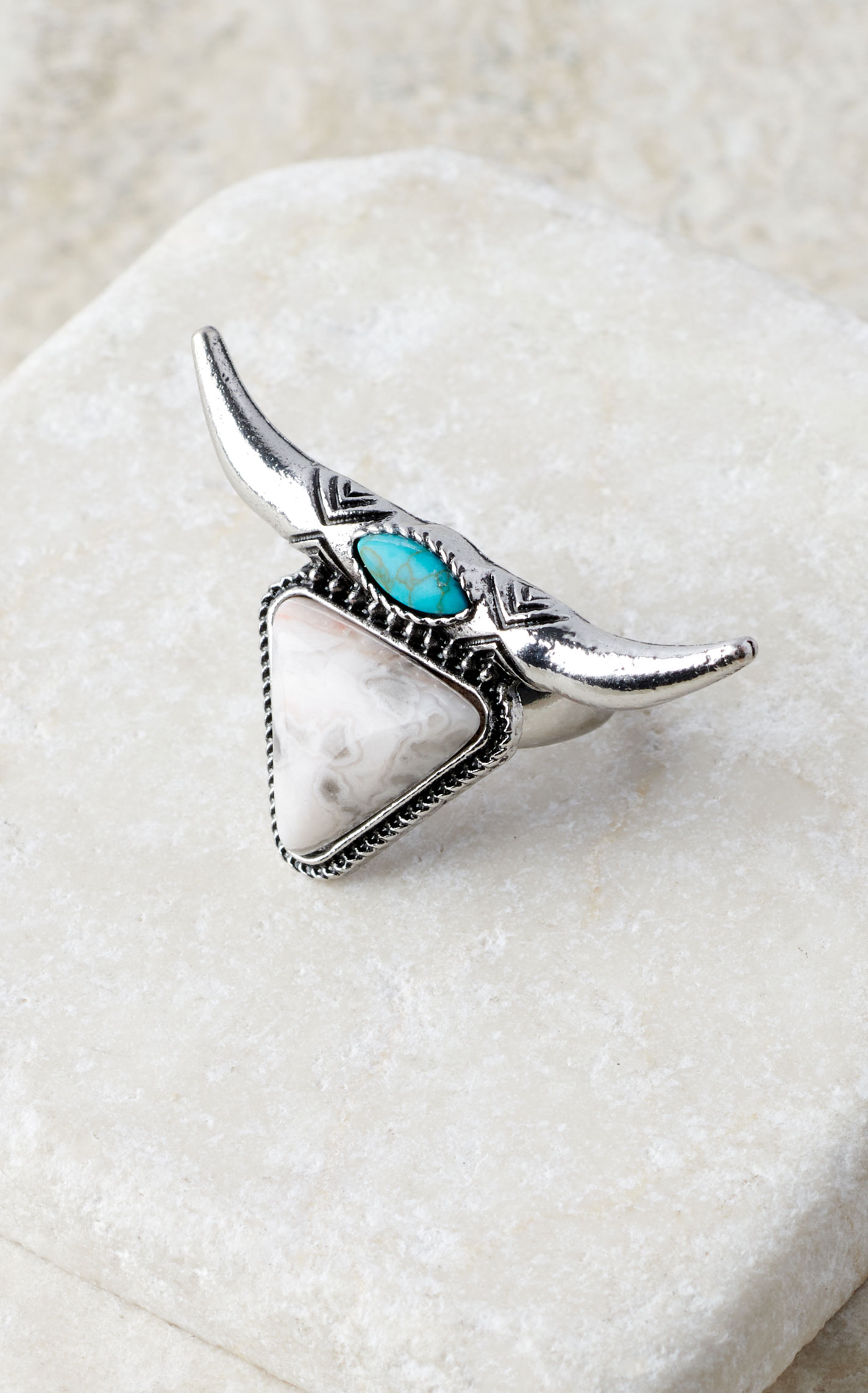 Cowgirl Confetti Silver with Turquoise and Brown Jasper Stones Longhorn Ring - Image 1