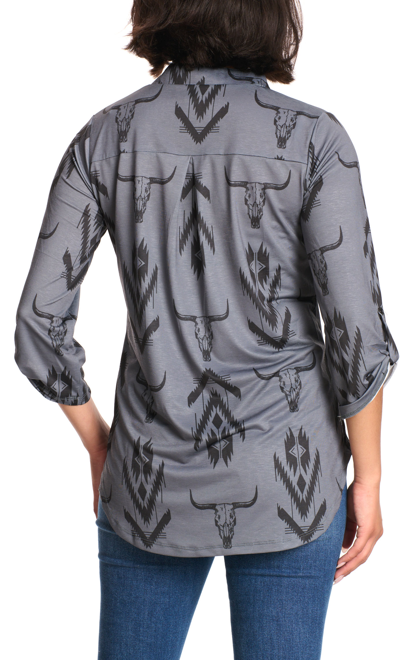 Cowgirl Hardware Women's Cement & Black Aztec Skull Top - Plus Sizes - Image 1