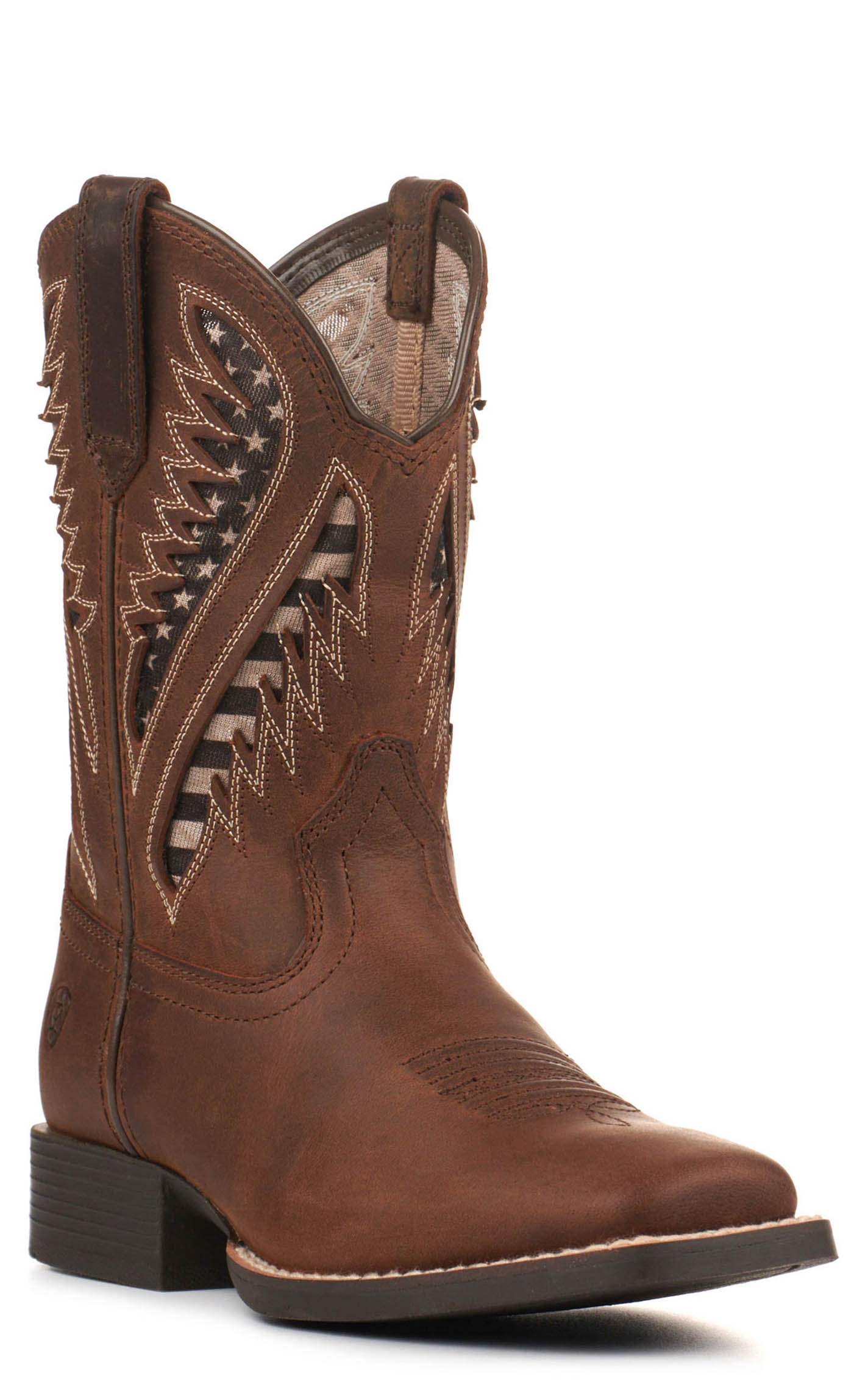 Ariat Youth Quickdraw Distressed Brown with Flag VentTEK Wide Square Toe Cowboy Boots - Image 1