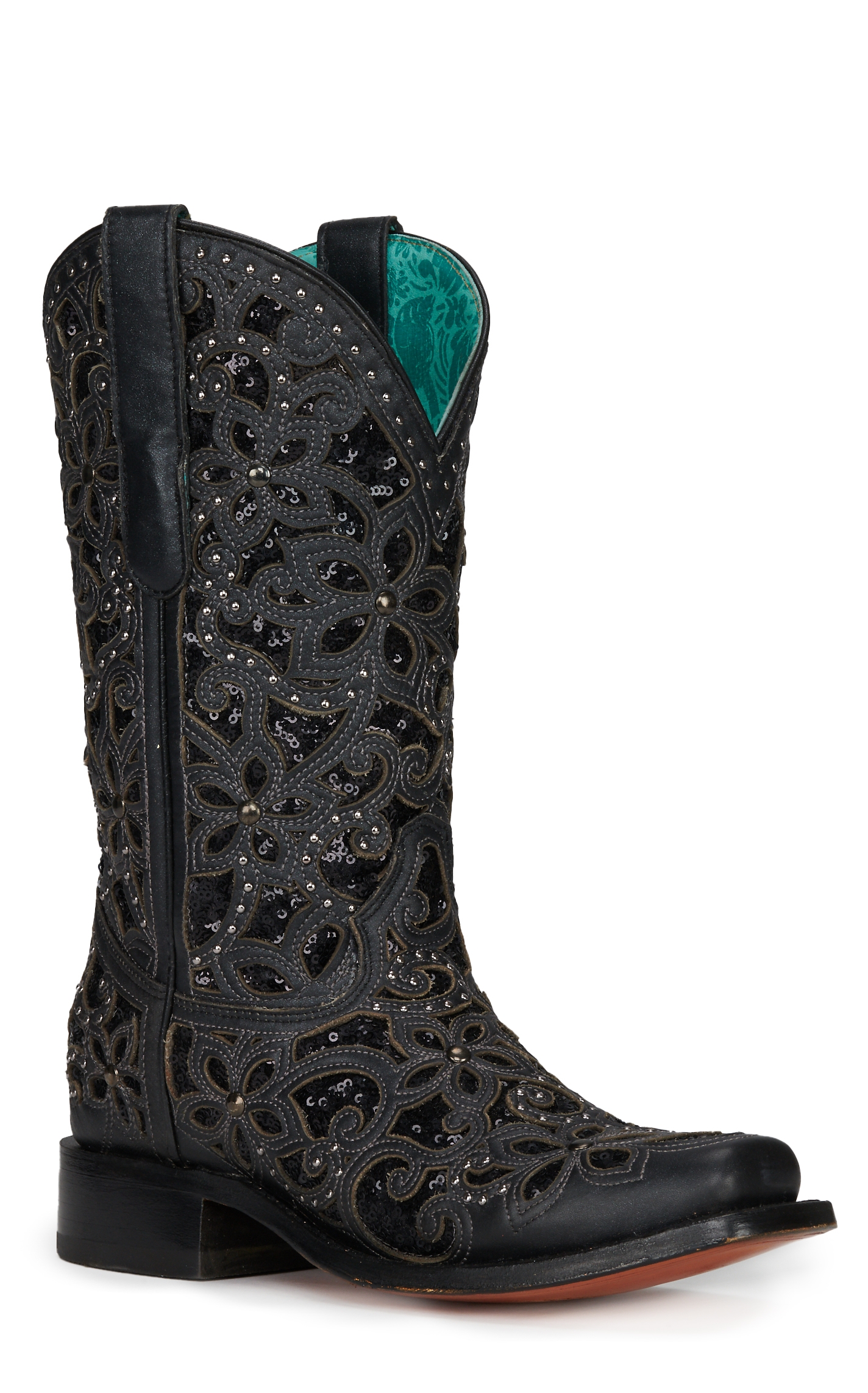 Corral Women's Black with Black Glitter Inlay and Studs Square Toe Cowboy Boot - Image 1