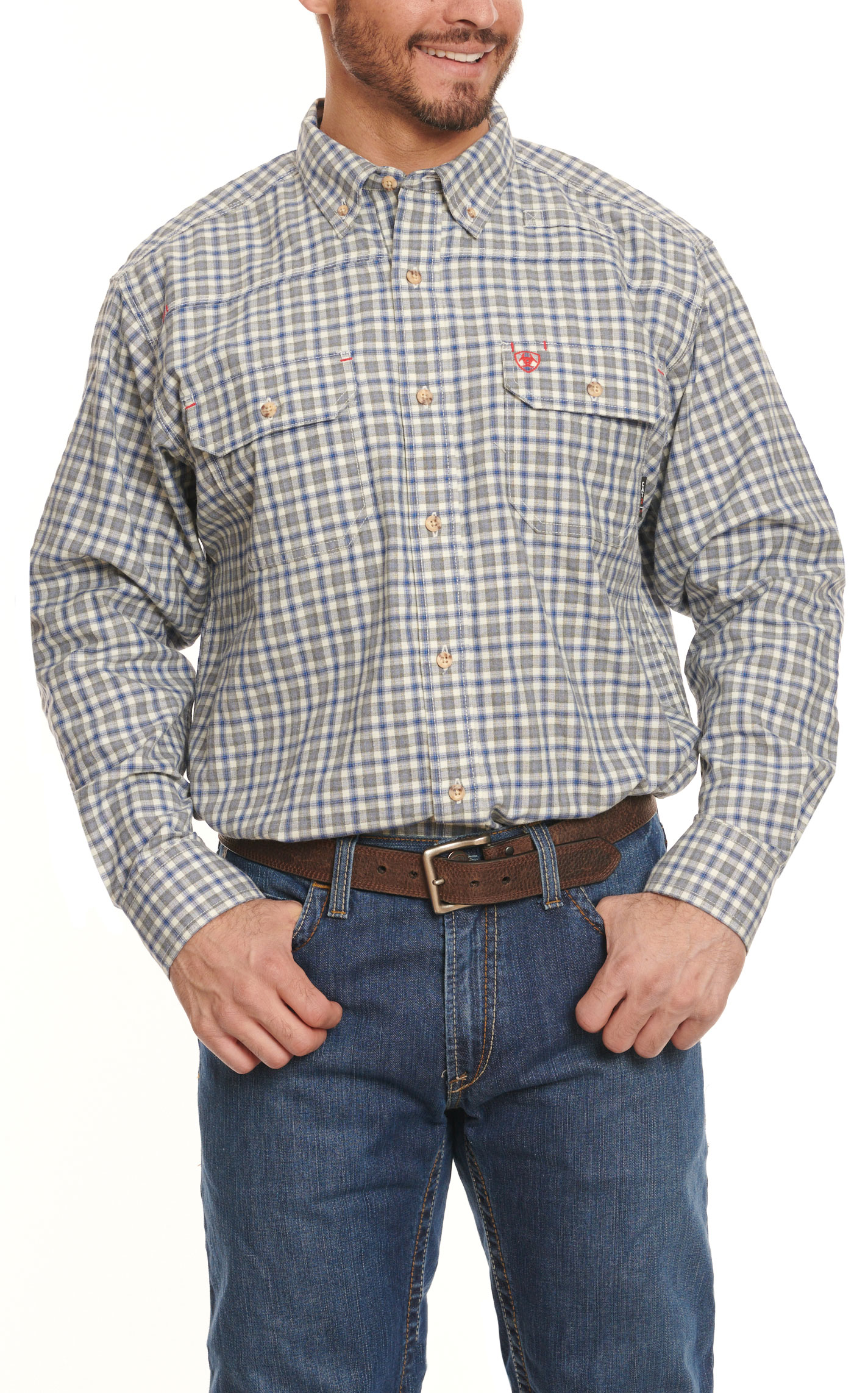 Ariat Work FR Men's Featherlight Olive and Blue Plaid Long Sleeve Work Shirt - Image 1