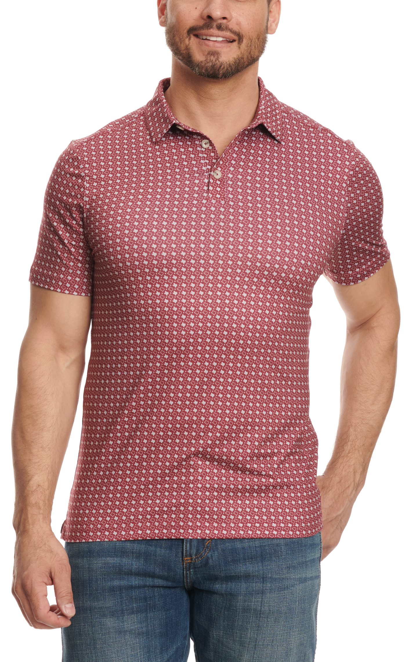 BURLEBO Men's Maroon & Gray Texas Print Performance Polo - Image 1