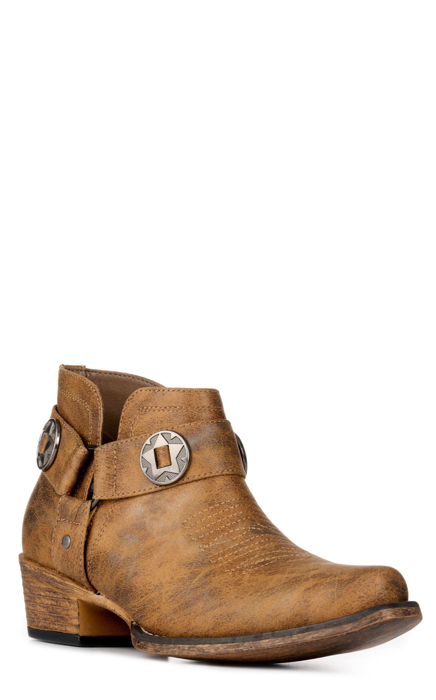 Roper Women's Ava Vintage Tan with Harness Faux Leather Snip Toe Booties - Image 1