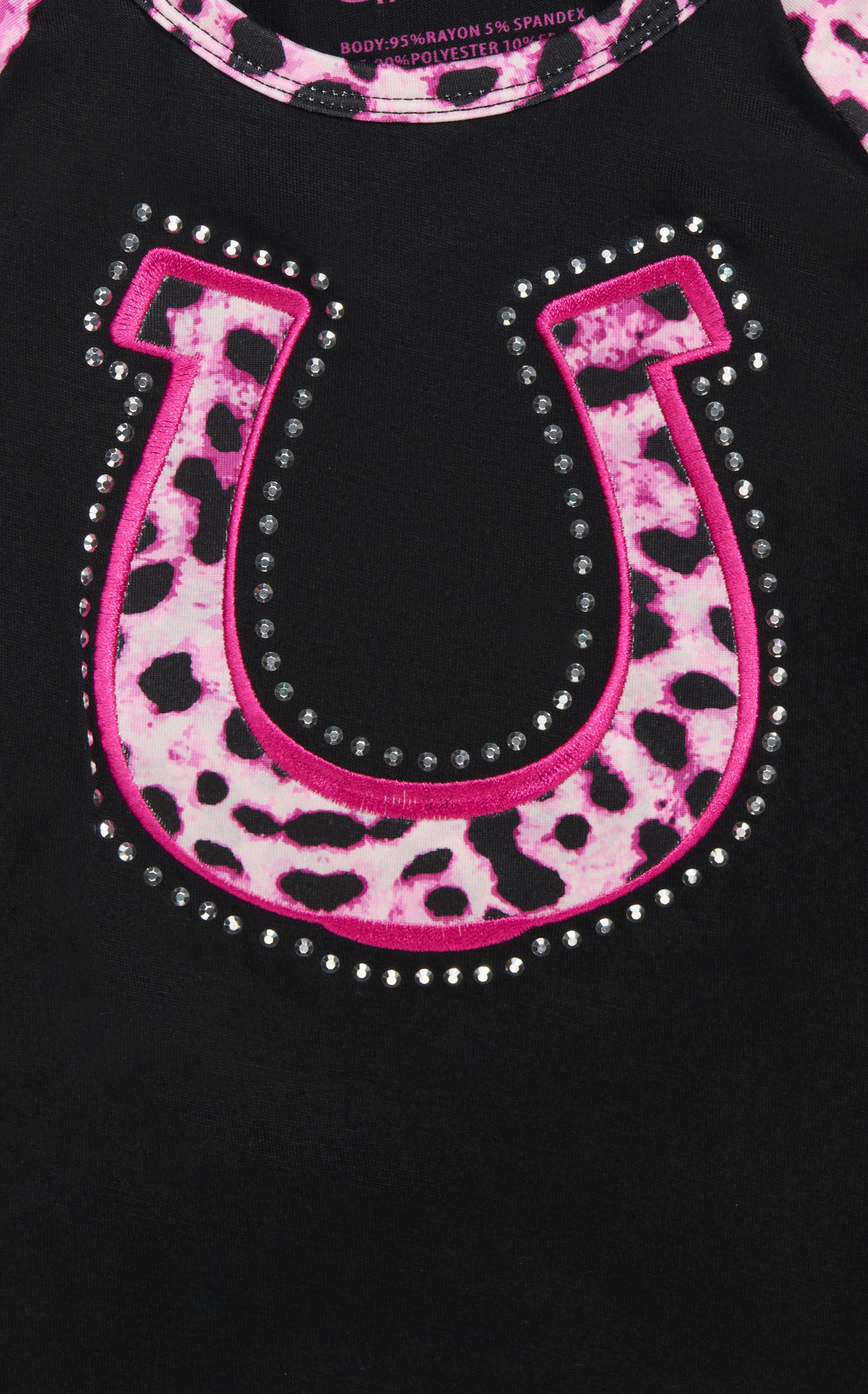 Cowgirl Hardware Girl's Black & Fuchsia Leopard Horseshoe Raglan Top - Image 1